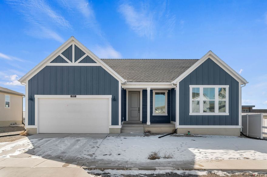 Featuring this brand new 1550 Farmhouse, this home has it all! Highlighted you will find a stylish kitchen with white laminate cabinetry and quartz countertops, complemented by stainless steel gas appliances. The home offers a blend of laminate hardwood, vinyl tile, and carpet flooring throughout. Charming box windows enhance both the kitchen nook and the owner's bedroom, bringing in abundant natural light. Additional highlights include can lighting, convenient Christmas light outlets, a 40-gallon water heater, and energy-efficient options. A modern metal railing accents the stairway, while craftsman base and casing add timeless detail. The owner's bathroom is finished with cultured marble shower surrounds and sleek black matte hardware, completing this inviting farmhouse-style home. All located in a great master planned community in a prominent Overland location!