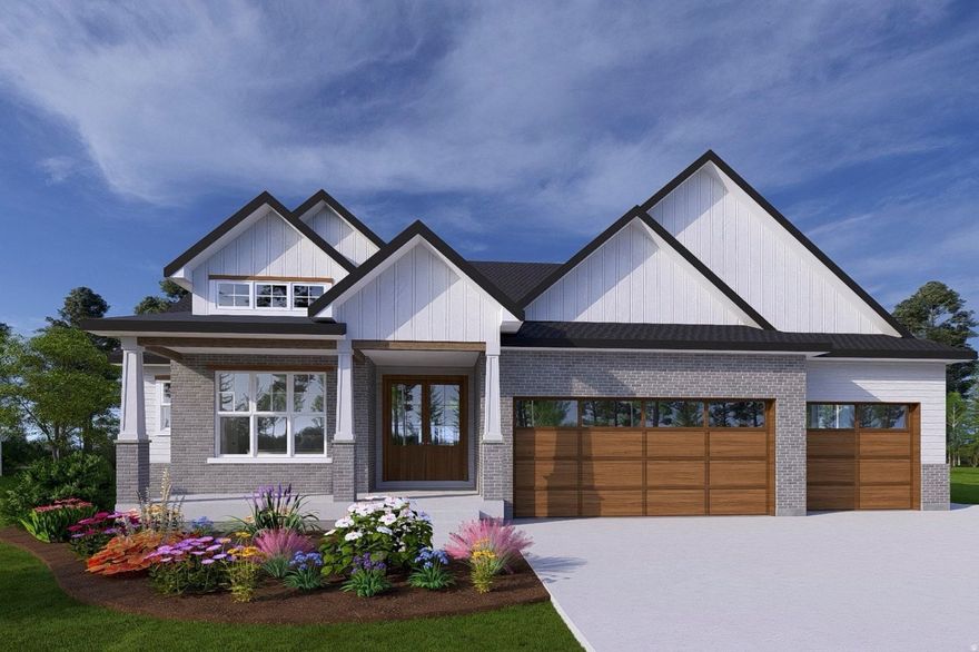 This thoughtfully designed new-construction rambler blends modern sophistication with effortless livability, offering an exceptional open-concept layout ideal for both daily living and entertaining. The expansive great room is anchored by a striking fireplace and accented with elegant faux wood ceiling beams, creating a warm yet contemporary atmosphere. The chef's kitchen features premium appliances, sleek quartz countertops, and generous prep and gathering space, built for hosting without feeling showy. Premium flooring runs throughout the main living areas, reinforcing durability and refined style. The private main suite is a true retreat, featuring a spa-inspired bathroom, a freestanding soaking tub, and refined finishes. Two additional bedrooms and 2.5 bathrooms provide flexibility for guests or family members. The walkout basement is a standout feature, offering 10-foot ceilings and additional square footage made possible by the garage being built on a suspended slab-an ideal setup for a theater room, golf simulator, or expansive recreation space. The home also includes a Control4 security and smart home system with one year of prepaid service for added peace of mind. With three bedrooms, 2.5 bathrooms, and a spacious layout designed for entertaining, this home offers a rare combination of modern luxury, thoughtful craftsmanship, and low-maintenance living in a brand-new construction setting. Estimated completion is July.