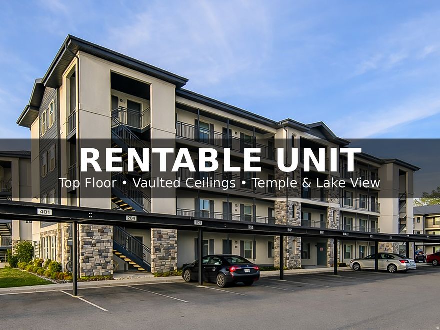 RENTABLE  INVESTOR UNIT (OR PERFECT FOR OWNER OCCUPANCY) Like-new, top-level end-unit condo with vaulted ceilings and incredible views of Utah Lake, the mountains, and the Orem Temple. One of the few units in the community approved for non-owner occupancy, making it a rare true investment property while still being an excellent option for owner-occupants. The complex is also FHA-approved.  This unit is unique with its vaulted ceilings, abundant natural light, and premium end-unit positioning that enhances privacy and views. Modern finishes include hard surface countertops, and washer and dryer are included, making this property truly turnkey for both investors and owner occupants. The combination of being rentable and top-level with vaulted ceilings sets this condo apart from the rest of the community.  HOA covers water, sewer, trash, and exterior maintenance, keeping ownership simple and low maintenance. Community amenities include basketball and volleyball courts, a playground, one designated covered parking stall, and ample guest parking.  Unbeatable central location:  2 minutes to Walmart, freeway access, and UVU  10 minutes to BYU  Less than 20 minutes to Lehi  Whether you're looking for a high-demand rental or a beautiful place to live, this is a rare opportunity to own a rentable, like-new, top-floor end unit with vaulted ceilings and panoramic views in the desirable Running Horse Condos community.  Square footage figures are provided as a courtesy estimate only and were obtained from the county records.  Buyer is advised to obtain an independent measurement. Some images have been staged, enhanced, and had seasons changed using AI.