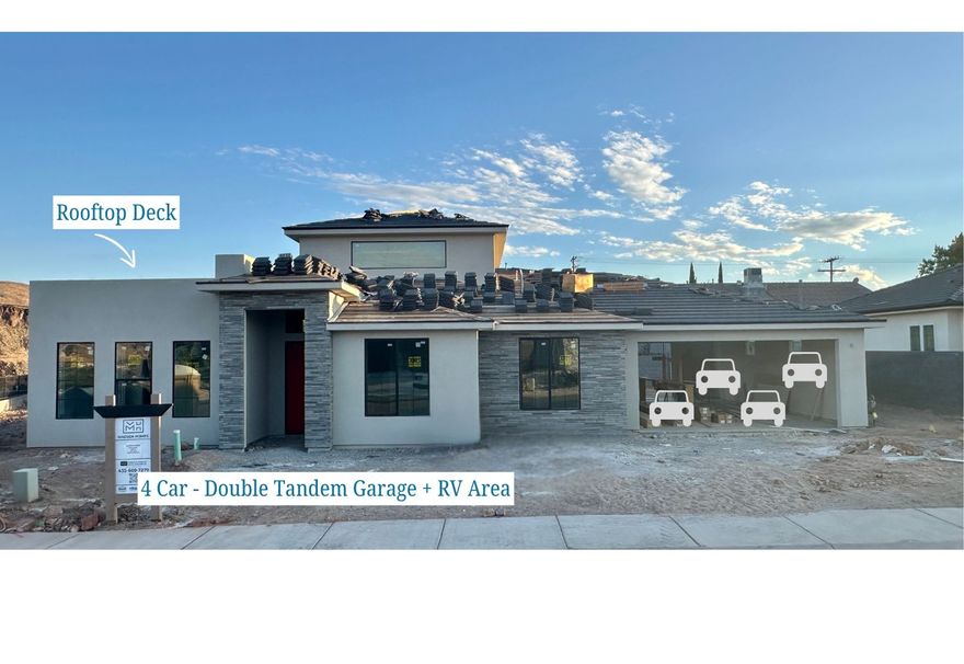 Brand New Home situated on an extra-large, premium view lot-designed for the way you live and play. This beautiful 3 bed, 2 bath Madsen Custom Home features a spacious great room that flows to an outdoor living space under the covered patio. The upper bonus/rec room opens to another incredible out door space on the rooftop deck - perfect for sunrise coffee or sunset wine while taking in the unsurpassed views.   Featuring Quartz countertops, Knotty Alder cabinetry, Butler Panty, Luxury Vinyl Plank flooring and unique tile throughout. The Primary Suite offers an extra long, double vanity, oversized shower and walk-in closet.  Modern finishes, the thoughtful design including the expansive windows bringing in the natural light and  breathtaking views; along with the attention to detail and quality workmanship make this one you definitely don't want to miss!  RV Parking area along with the double-tandem (4-CAR) garage offers room for all the toys. The garage features a second overhead door in the rear for ease of access. The sprawling .27 acre lot give you plenty of room for a future pool and much more!  Centrally located with quick access to all the outdoor adventures Southern Utah has to offer.  Biking, hiking, golfing, UTV riding, boating, fishing and more! .Just 30 minutes away from Zion National Park and St George and 15 minutes from Sand Hollow & Quail Creek Reservoirs. This IS Southern Utah LIVING!