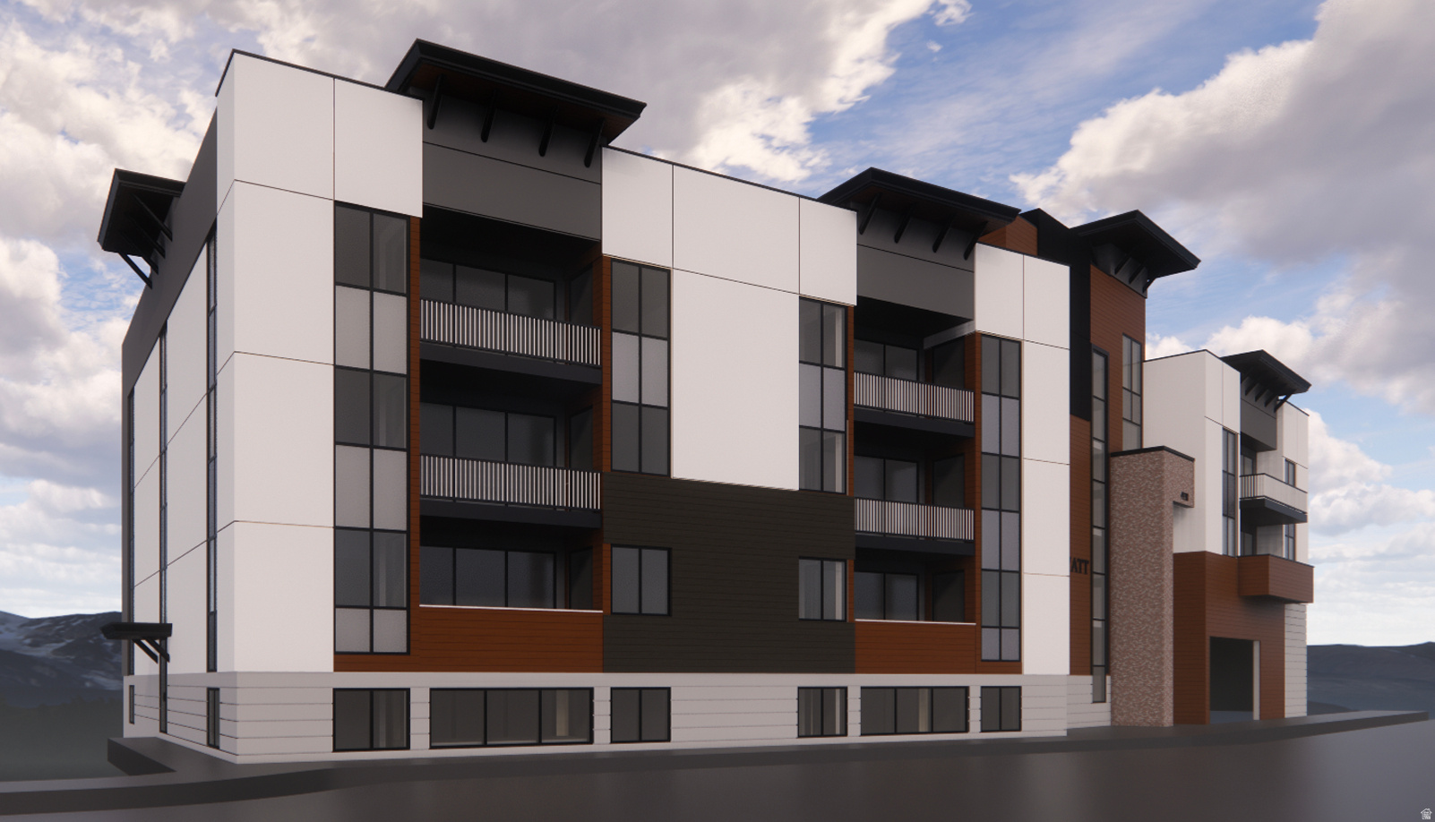 Contemporary multi-level building with varied facade materials