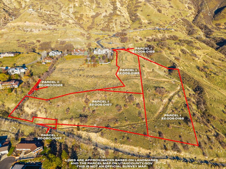 Rare opportunity to build on Y Mountain.   6.493 Acres  $500,000  Incredible Views of Utah County  Located Near Y Mountain Trailhead  $77,000/Acre  County Parcel #'s: 22:006:0165, 22:006:0166, 22:006:0167, 22:006:0168, 20:080:0007 and 20:080:0028  Requires substantial work to install driveway and utilities to lot.