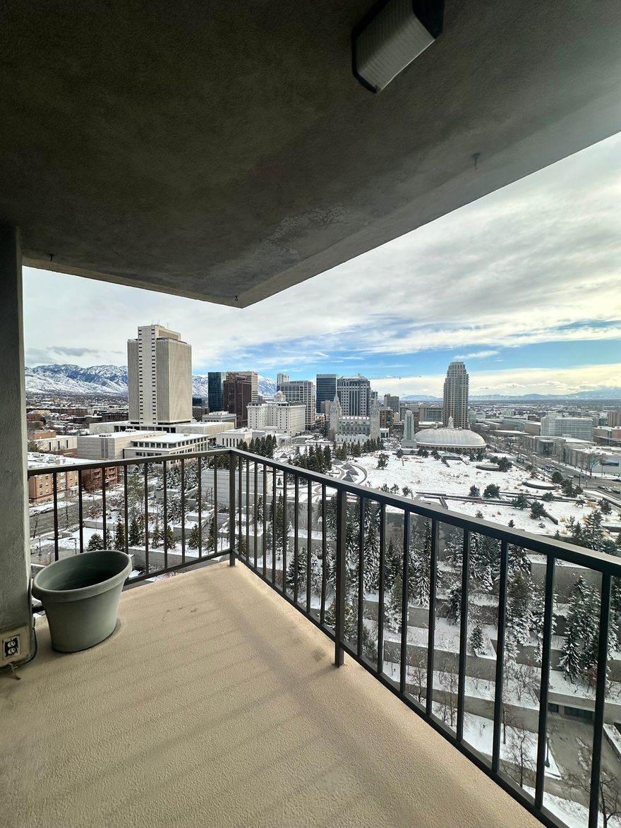 Rarely available 12th floor corner one bedroom unit!   This family owned, and loved, condo perches high on the 12th floor and has wall to wall south facing windows providing STUNNING and everchanging cityscape views.  Watch sunrises from the East above the Rocky Mountains and the late summer sunsets to the West over the Oquirrh Mountains.  You will enjoy your front-row seat for jaw-dropping weather watching.   The spacious floor plan has a traditional layout with a semi-formal dining room that could also be used as an office.  The primary bedroom has ample room including an en suite bathroom soaking  tub, a large walk-in closet and separate linen storage. Each floor has a laundry room and garbage chute.  HOA will approve w/d in unit.  This is truly the best located unit available.  Walk one block south to Temple Square, four blocks to Abravanel Hall, Ballet West or to Eccles, the Delta Center, or to City Creek Park. Two blocks north is the State Capitol and the Marmalade/Capitol Hill districts. Ideal 15-minute drive to the Salt Lake International Airport.  A short 30-minute drive will have you in Park City or other major ski venues.  Square footage figures are provided as a courtesy estimate only and were obtained from county records . Buyer is advised to obtain an independent measurement.