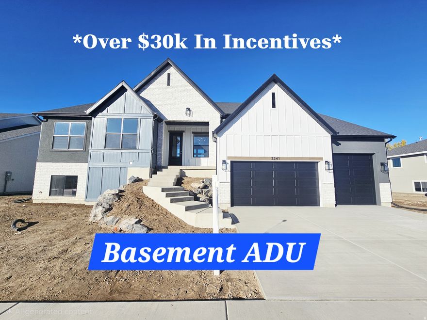 Amazing new construction rambler with rent ready basement apartment. Flexible basement layout allows for a 1, 2, or 3 bedroom rental (use the space you don't want to rent for yourself). Great option to help with monthly payment and can help you qualify. Set up with a separate garage entrance, full kitchen,  2 water heaters, and a zoned HVAC system. Tasteful finishes throughout and upgrades including a double deep 3 car garage, covered trex deck, and front yard landscaping included in the purchase price. Take advantage of over $30,000 in incentives as well to help with interest rate buydown or closing costs with builders preferred lender.