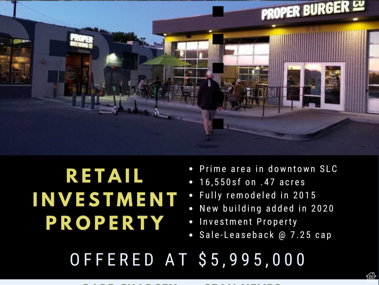 Excellent investment opportunity on Main Street in downtown Salt Lake City! Sale/lease-back investment opportunity at a 7.25 Cap. 16,400sf on .47 acres. Fully renovated in 2015 with 7000sf of additional new construction in 2020. Retail, brew production, event spaces and office. Sale includes 865 S Main building (Proper Burger). Seller will consider leasing back the south building. New Medical Campus announced 1 block north. Seller will consider selling just the North 7ksf building.