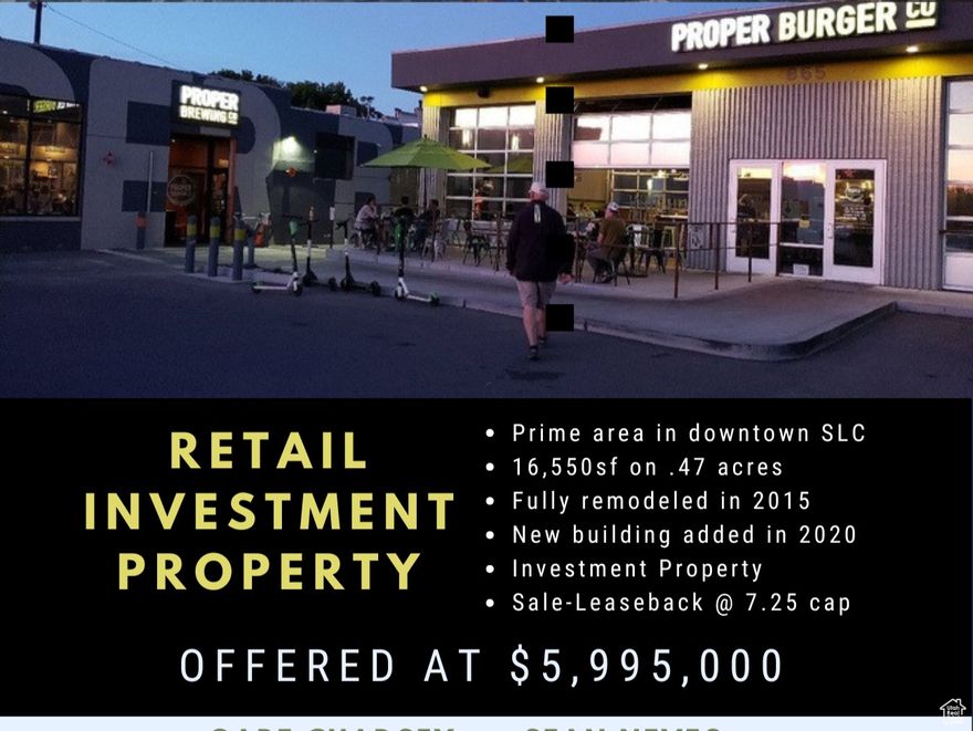 Excellent investment opportunity on Main Street in downtown Salt Lake City! Sale/lease-back investment opportunity at a 7.25 Cap. 16,400sf on .47 acres. Fully renovated in 2015 with 7000sf of additional new construction in 2020. Retail, brew production, event spaces and office. Sale includes 865 S Main building (Proper Burger). Seller will consider leasing back the south building. New Medical Campus announced 1 block north. Seller will consider selling just the North 7ksf building.