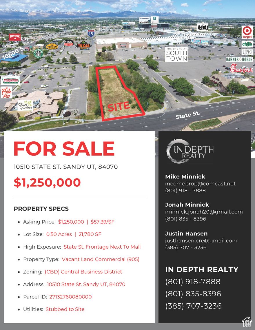 Half-acre lot adjacent to South Towne Mall on State Street, with an average daily traffic of 34,000 (source: UDOT). Potential uses include commercial, office, retail, or multifamily development. This property is the last available for development in an area surrounded by numerous national tenants, offering a prime opportunity for strategic investment.