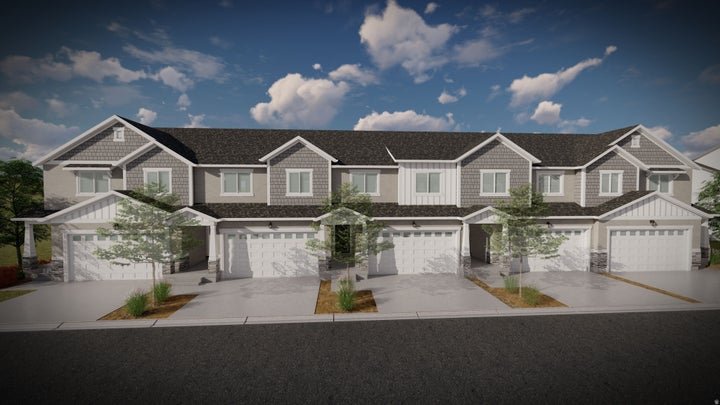 Multi-unit residential property featuring a dark shingle roof, light-colored siding, and attached garages with white…