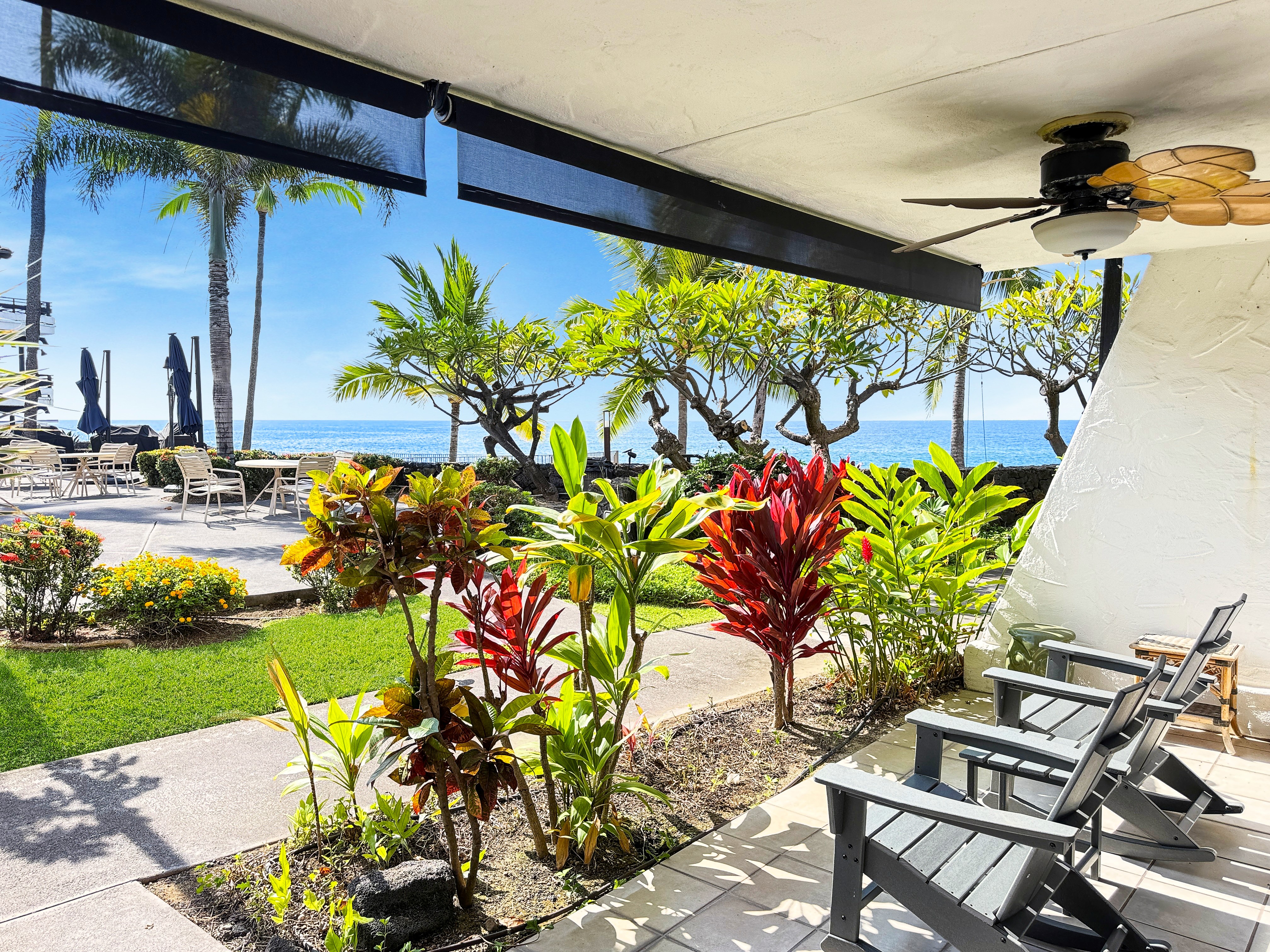 Ocean views from your lanai at your living room, literally feet from the private *sand/beach area on property