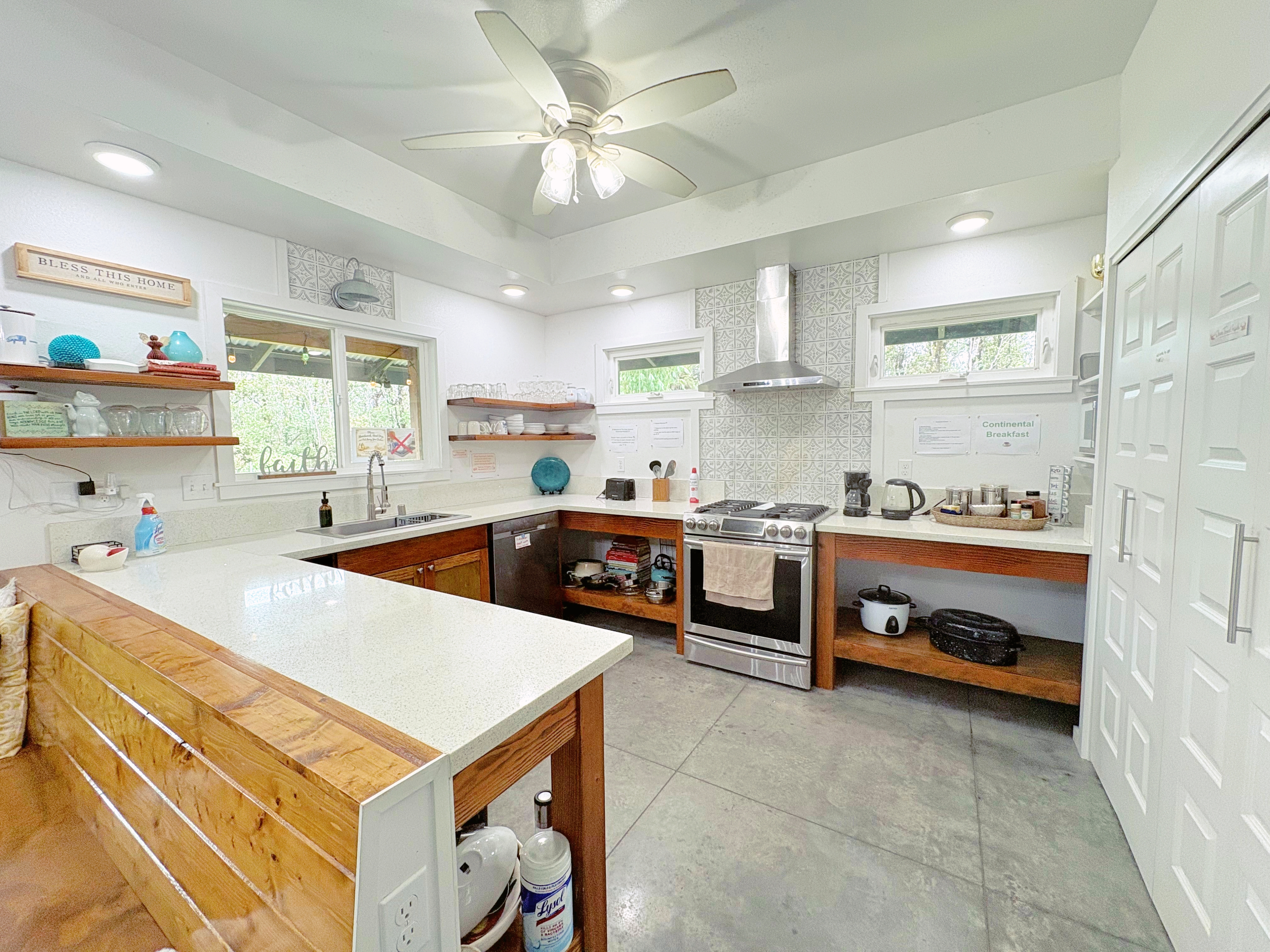 Open cabinets and shelving making finding things a breeze for your guests.