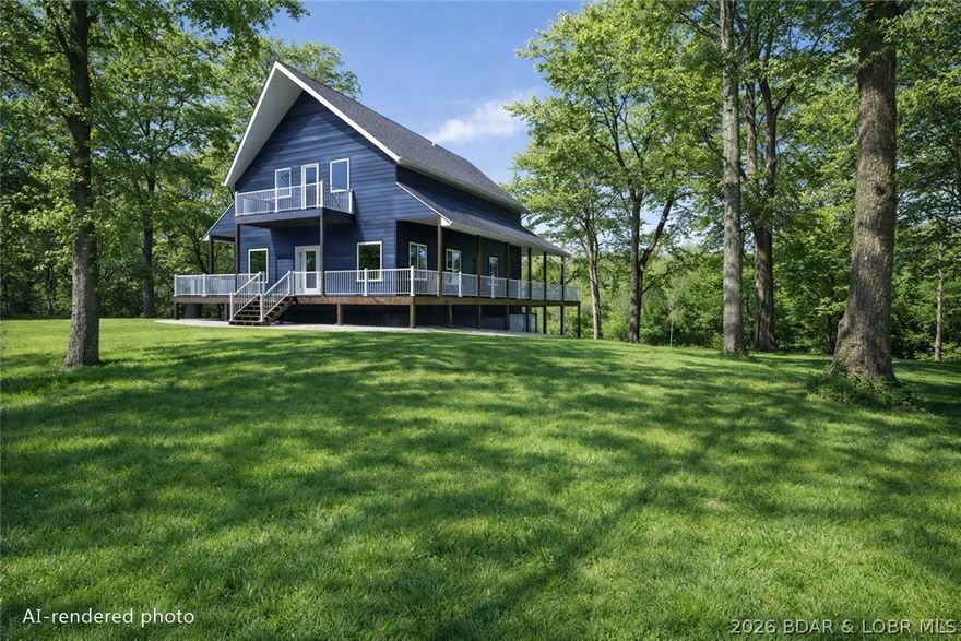 Experience the best of lake living in this to-be-built home, offering a seamless blend of convenience, upscale resort-style amenities, and quiet privacy with a touch of timeless charm. Situated in one of the lake’s premier gated communities, this property is ideal as a full-time residence or a high-performing nightly rental. Photos of home are renderings. Buyer may select their own finishings.
Set on 5 acres, this thoughtfully designed home will feature 6 bedrooms, 3.5 bathrooms, and multiple indoor and outdoor spaces perfect for entertaining and relaxing. Enjoy close proximity to Camdenton, just minutes from Ball Park National, live events at the Ozark Amphitheater, championship golf at Old Kinderhook, and a nearby boat ramp for easy lake access.
Purchase includes a hot tub and a 2026 golf cart. Community amenities feature a clubhouse with indoor and outdoor pools, fitness center, day spa, and pickleball courts—this isn’t just a home, it’s a lifestyle.