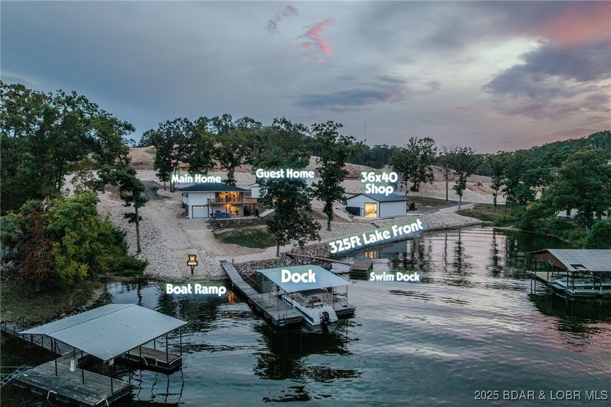 What a cool setup here! 1.2 Acres that has been completely rocked and offers a 3 bed, 3 bath main home with attached 2 car garage, main level living with 3 bedrooms and 2 full baths, large open living/dining area and galley style kitchen, lower level offers wide open space with 2nd living area, 2nd kitchen and 3rd full bath. 960sqft Guest home that sleeps 4 comfortably and has been completely updated with all new exterior paint, metal roof, all new luxury vinyl plank flooring, mini split, new interior paint, recessed lighting, a custom-built spiral staircase leads you to the studio style lower level with all tile flooring, recessed lighting and completely furnished. Great lakeside patio area to hang with all the guests! Next is the 36x40 lakeside shop building offering two 12x12 doors and a drive through set up complete with concrete flooring and electric. Tons and tons of parking on this property! So much work has already been put into this place! Would make an excellent rental property or live in one and rent out the other- Possible RV Park going in across the street and right next door to Buck Creek Marina! Tucked back in South Buck Creek cove offering deep water!