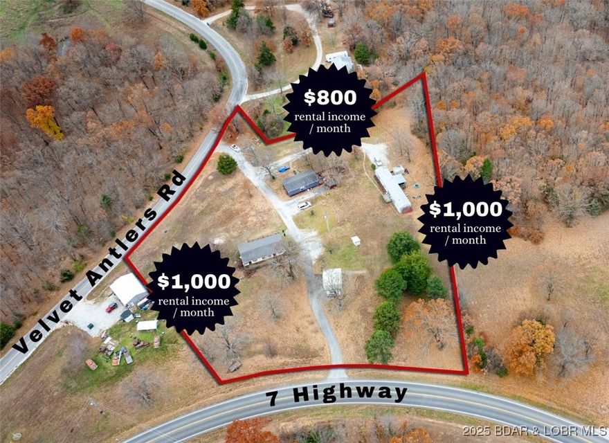 Investment opportunity in Camdenton with Hwy 7 frontage! This 3-acre property includes three manufactured homes currently used as long-term rentals. Two homes are occupied, with the third is now open to be rented and will be filled soon! Each home features 3 bedrooms. One unit includes a built-in beauty salon space, adding bonus functionality without detracting from residential use. The property offers excellent visibility from Hwy 7 along with additional access from Velvet Antlers. Plenty of parking, a spacious yard, and room for potential expansion enhance future possibilities. Located in a convenient area within the Camdenton School District. A solid option for investors seeking an income-producing property with multiple units and highway exposure! When all 3 units are occupied, monthly rental income of $2800!