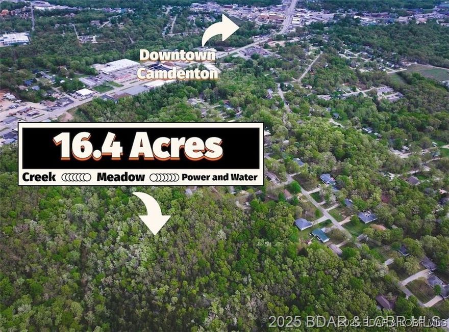 16.4 Acres of Residential Land Near Downtown Camdenton Discover the perfect blend of natural beauty and modern convenience on this 16.4-acre residential lot located just minutes from downtown Camdenton. This stunning property features a gently flowing creek, open meadow, and mature trees, offering a peaceful setting with plenty of space to build your dream home or family estate. Utilities are already on site with city water, electric, and sewer hookups ready to go—making your build simple and stress-free. Whether you're envisioning a private retreat or a full-time residence close to town, this property checks all the boxes. Don’t miss this rare opportunity to own a slice of nature with city convenience.