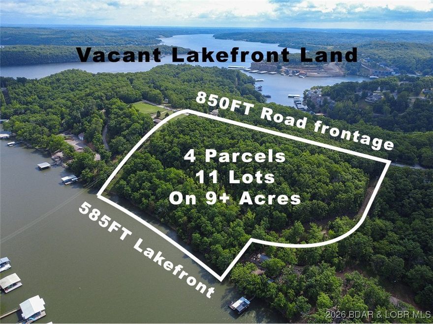 Discover this rare 9+ acre lakefront land 5 minutes from Camdenton at the Lake of the Ozarks, offering 585 feet of pristine, deep-water shoreline in a sheltered cove—perfect for your dream estate or high-return development. Currently configured as four parcels with 11 platted lots, this versatile tract would allow subdivision into many lots, build one large estate, or apply for rezoning to R-3 for condos/multifamily to capitalize on surging demand. Enjoy established infrastructure: roughed-in roads, 853 feet of paved Bear Paw Road frontage for seamless access, a drilled well with well-house at the entry, and ample space for docks while maintaining stunning views. By boat, you're just minutes from vibrant spots like Four Corners, The Cave Bar & Grill, Larry's on the Lake, and Fish & Company; by road, Camdenton and Sunrise Beach deliver shopping, dining, and entertainment nearby. In today's robust 2026 Lake market—with limited inventory fueling strong interest in waterfront properties—this exceptional multi-lot opportunity stands out for custom homes, family compounds, or profitable investment. Motivated seller—bring your offer now!
