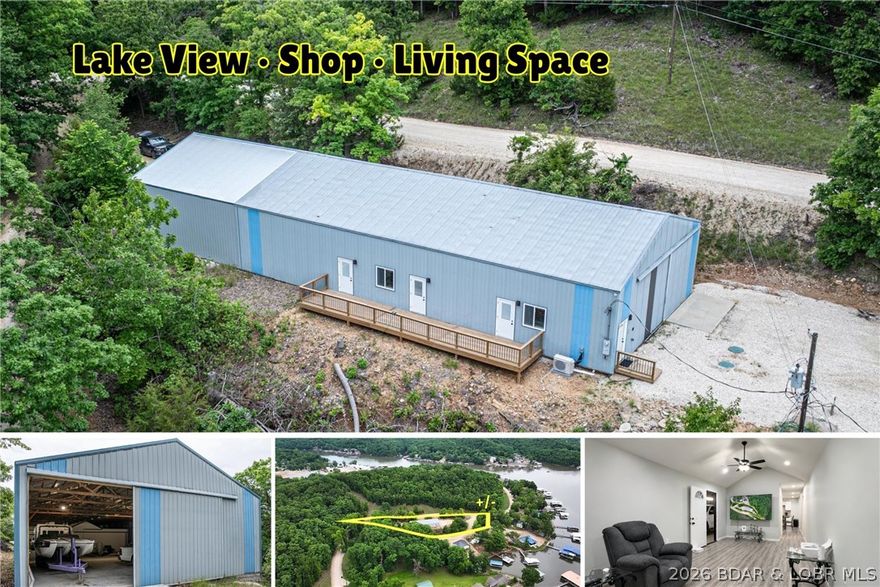 Lake life meets shop life with this unique shouse opportunity near the 8MM near Laurie. Offering a standout setup, this property combines a brand new home with expansive shop space all within one 40x112 building. Inside, you’ll find a 24x56 home offering approximately 1,344 sq ft of finished living space with 3 bedrooms, 2 full baths, laundry, eat-in kitchen, and large living room area. Each bedroom has access to the 10x48 lakeside deck overlooking a peaceful cove setting. The remainder of the building offers incredible flexibility with room for RVs, boats, vehicles, workshop space, hobbies, storage, or future customization. Large sliding shop doors on both ends of the building create easy access, while concrete floors and oversized dimensions create endless possibilities depending on your needs. Lots of additional outside parking and road access from both ends of the property add to the versitility. With cove views, generous shop space, and finished living quarters all under one roof, this property offers a unique opportunity to make it your own. Be sure to watch the virtual tour!