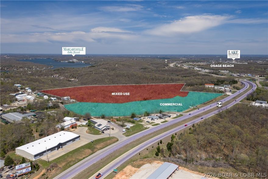 Strategic development tract available in Osage Beach MO. Located on the northwest corner of Hwy 54 and Runabout Drive, this 54-acre parcel offers over 1,000 feet of highway frontage in the heart of Osage Beach—delivering the visibility, access, and traffic counts developers look for. The front portion along Hwy 54 is ideal for commercial use, while the balance of the property is already approved for higher-density residential through a Special Use Permit—allowing a true mixed-use concept. Whether it’s a hotel/resort, retail center, or a large-scale residential project, the groundwork has been done to save you time and money. Zoned R-3 with flexibility for commercial and residential use, and city water and sewer available for hookup, this property is positioned for scale. Existing concepts include 84 single-family homes, 44 townhomes, and commercial storefronts along the highway—with the ability to go even higher density. Opportunities of this size, with this level of frontage and entitlements, are becoming scarce in Osage Beach. If you’re looking to capitalize on the area’s continued growth—this is where you do it.