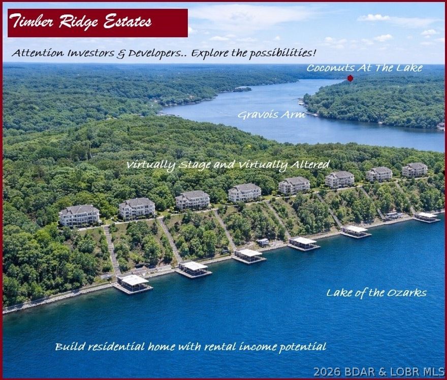 HUGE PRICE REDUCTION!!! Seller will consider subdvd. Don't miss out one of last unique large parcels with versatility properties on the Gravois Arm—LAKE OF THE OZARKS! 1,555 feet of pristine shoreline and 18 sprawling acres with a mix of flat, buildable areas and breathtaking mixed moderate to bluff views. Just min from restaurants, shopping, & entertainment, yet offering privacy and natural beauty. Whether you’re looking to create a private lakefront retreat, vacation rental community, or a residential development, this property offers endless possibilities. Enjoy the rare combination of usable ground near the water along with elevated bluff settings for dramatic vistas. Potential for rental single family home rentals/income!  There was 2 soil test evaluation approved for a conventual septic suitable for one-single family residential dwelling home each for tract #4 & #7, Good protective covenants already in place and No planning & zoning allows for more flexibility for your vision. Whether you dream of a peaceful escape or a place to gather with family for generations, this property delivers the best of Lake of the Ozarks living.