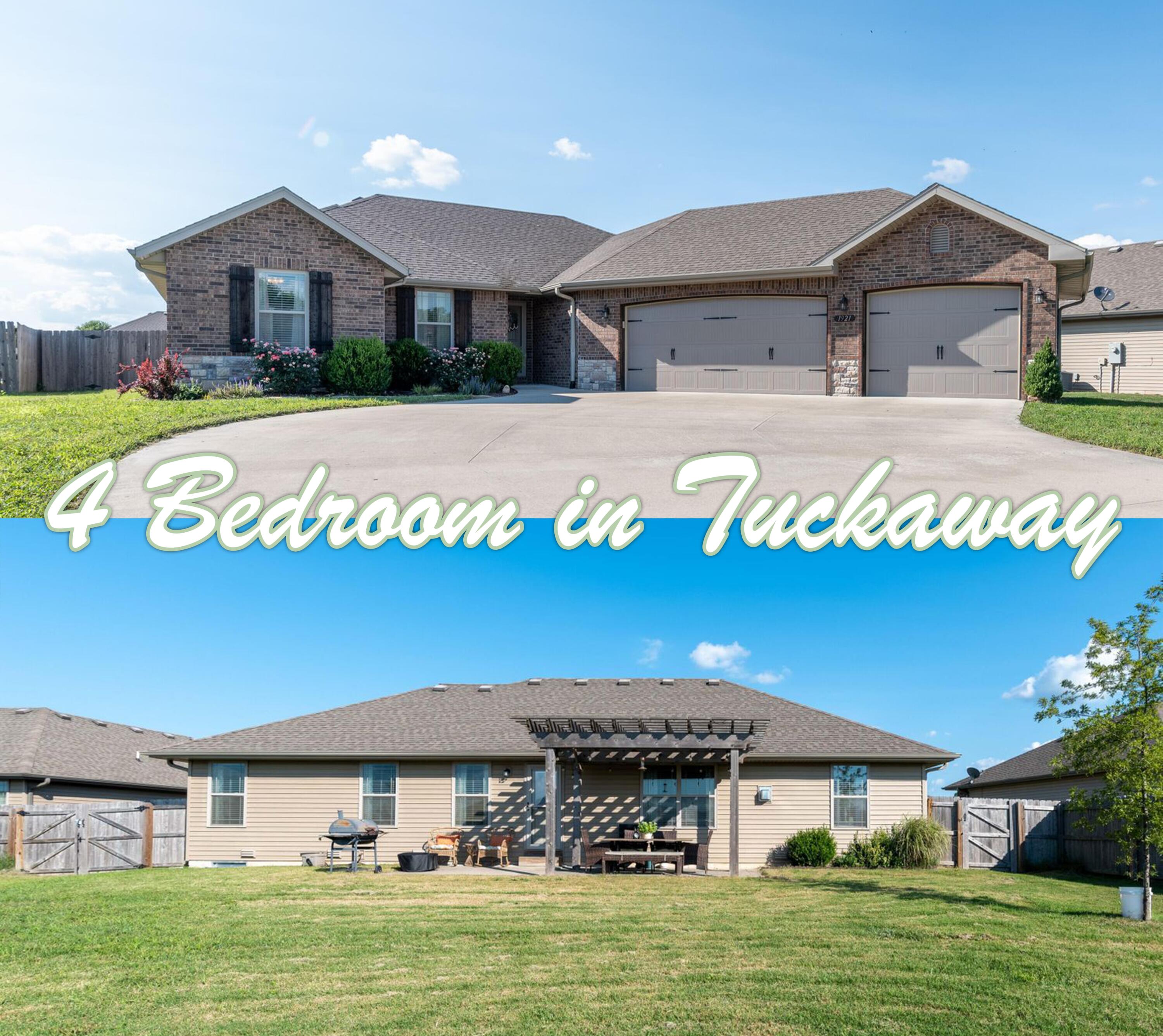 1921 N Seabrook Dr., Nixa, MO 65714. This stunning Bussell home features brick and stone front, three car garage, large living room, open kitchen with granite counter tops, custom knotty alder cabinets, hardwood floors, and walk-in pantry.  All bathrooms boast granite counter tops and the master vanity with dual sinks. Nice room in the walk-in closet too! Outside enjoy the privacy fenced yard, pergola, and newer paved patio! Home has energy efficient green features; R40 & R 15 high density insulation, low E argon gas windows, 16 SEER A/C unit & 95% efficiency heat.