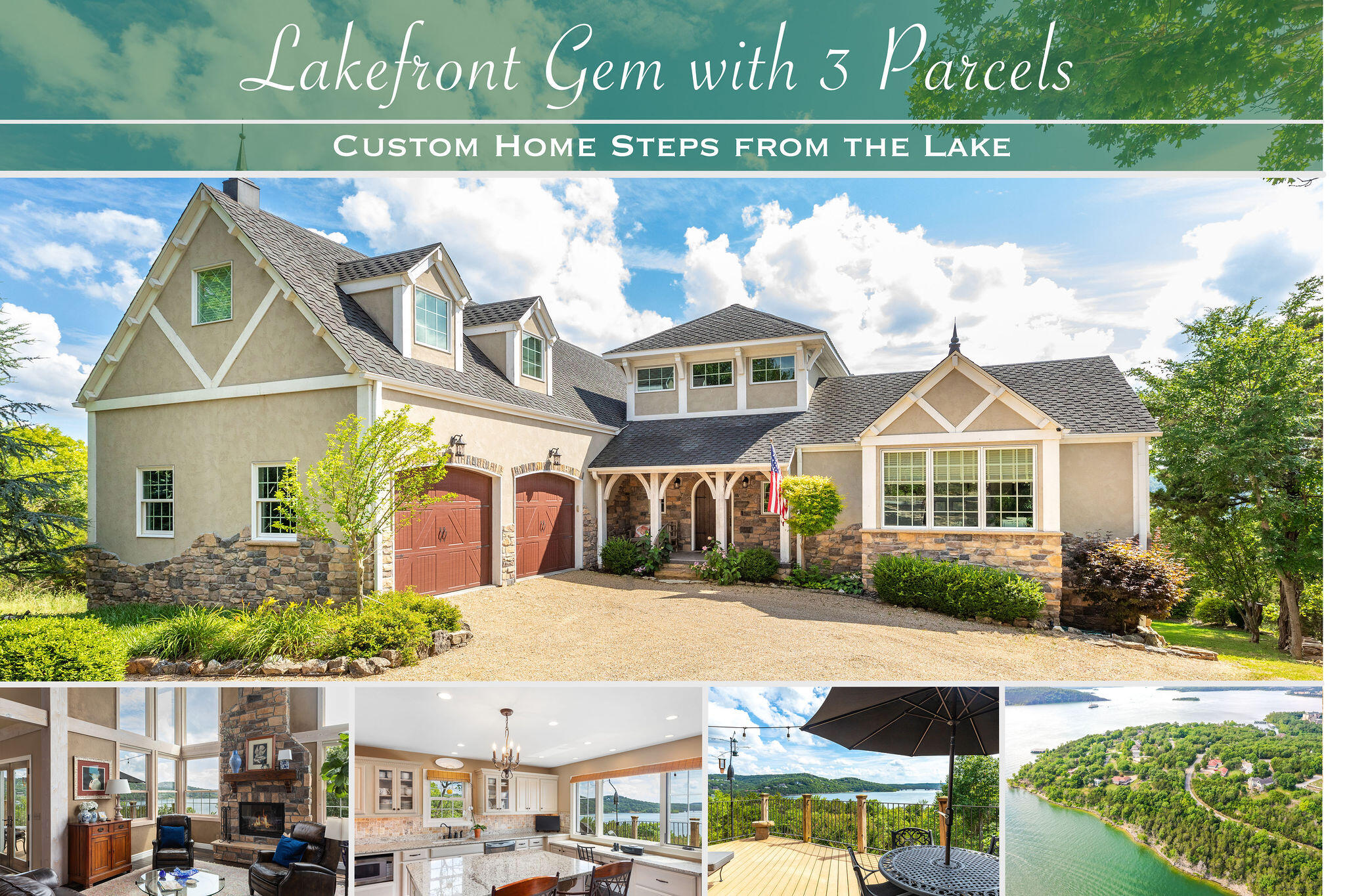 Custom English Style Lakefront Estate on Table Rock Lake! This stunning estate, architecturally designed after the historic Worman House, combines classic elements along with a picturesque waterfront setting. As soon as you walk in, you will be welcomed by walls of windows showcasing the panoramic pristine lake views!  Featuring 5 bedrooms, 3 1/2 baths,  hand scraped hardwood floors, soaring 24' ceilings, white-washed beams, rock fireplace, Chef's kitchen with granite counters, unique tile backsplash from Rome, maple cabinets with pull-outs & soft close drawers, master suite with separate toilet rooms, his & her closets, sunny window lined office, loft sitting room with exceptional views, lower walk-out basement to flagstone patio & fireplace area, lakeside pathway to campfire & directly to the water, 50 year grade architectural shingles, pea gravel English style drive, 2 car garage with workshop, sink & epoxy treated floor, composite decking perfect for entertaining & so much more!  Situated on 3 lots, this is a wildllife paradise with natural landscaping for easy maintenance! This is a once in a lifetime opportunity you need to see to believe! Most furnishings (some exceptions) will convey! Located one mile from Big Cedar and easy Hwy 65 access! Community boat ramp a mile away! Hurry! This will not last!!