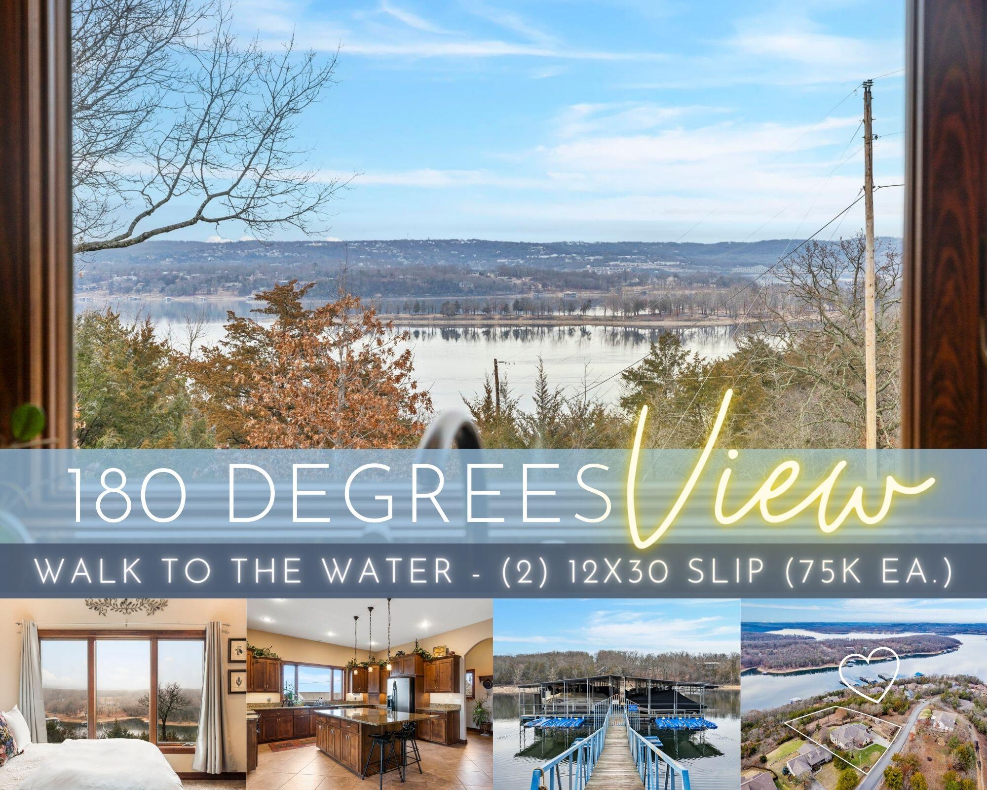 ''The View'' of Table Rock Lake you have been waiting for: Day, night, city, bridge, peaceful-fog-laying cove & action-packed main channel views, sunset, sunrise, 180 degrees of lake view from almost every room. It's like watching an ever changing canvas of the most skilled artist you have ever experienced, framed in a lovingly & skillfully crafted custom home perched a short walk from the offering of TWO-12x30 Boat Slips one w/6600# HydraHoist lift & one w/ two jet ski ports ($75k each). This little slice of heaven on earth hosts some of the most amazing sweeping views imaginable, it's professionally landscaped, private, fenced w/a fire pit & room to grow (someone say shop building?)The highlight of this home, hands down, is the gigantic lake view chef's kitchen w/pantry, custom cabinetry, granite, huge center island, & stainless appliances. Bright & airy, flowy concept living spaces connect w/a spacious covered deck space & stairs to the gently sloping fenced in yard (perfect for the furbabies & yard games), main level laundry, three generously sized bedrooms (one w/ensuite, soaker tub & gigantic walk-in closet) two more lower level bedrooms, four bathrooms, hot tub hookup, a massive lower level living area/recreation room w/walkout to concrete patio & all gently placed on a meticulously maintained 1.8 acres steps away from pristine Table Rock Lake!  Relaxed, yet exceptionally maintained, this adorable home, is lovingly tucked away mere minutes from downtown Kimberling City shopping & restaurants. 35 minutes to Branson & all of the world class shopping, dining, entertainment, as well as the peaceful Mark Twain National Forest for hiking/biking trails & serene wildlife & fishing, water-sports, several floating restaurants & marinas by water. Live lake view-180 degrees-365 glorious days a year@1220 Dogwood Village Lane on Table Rock Lake!