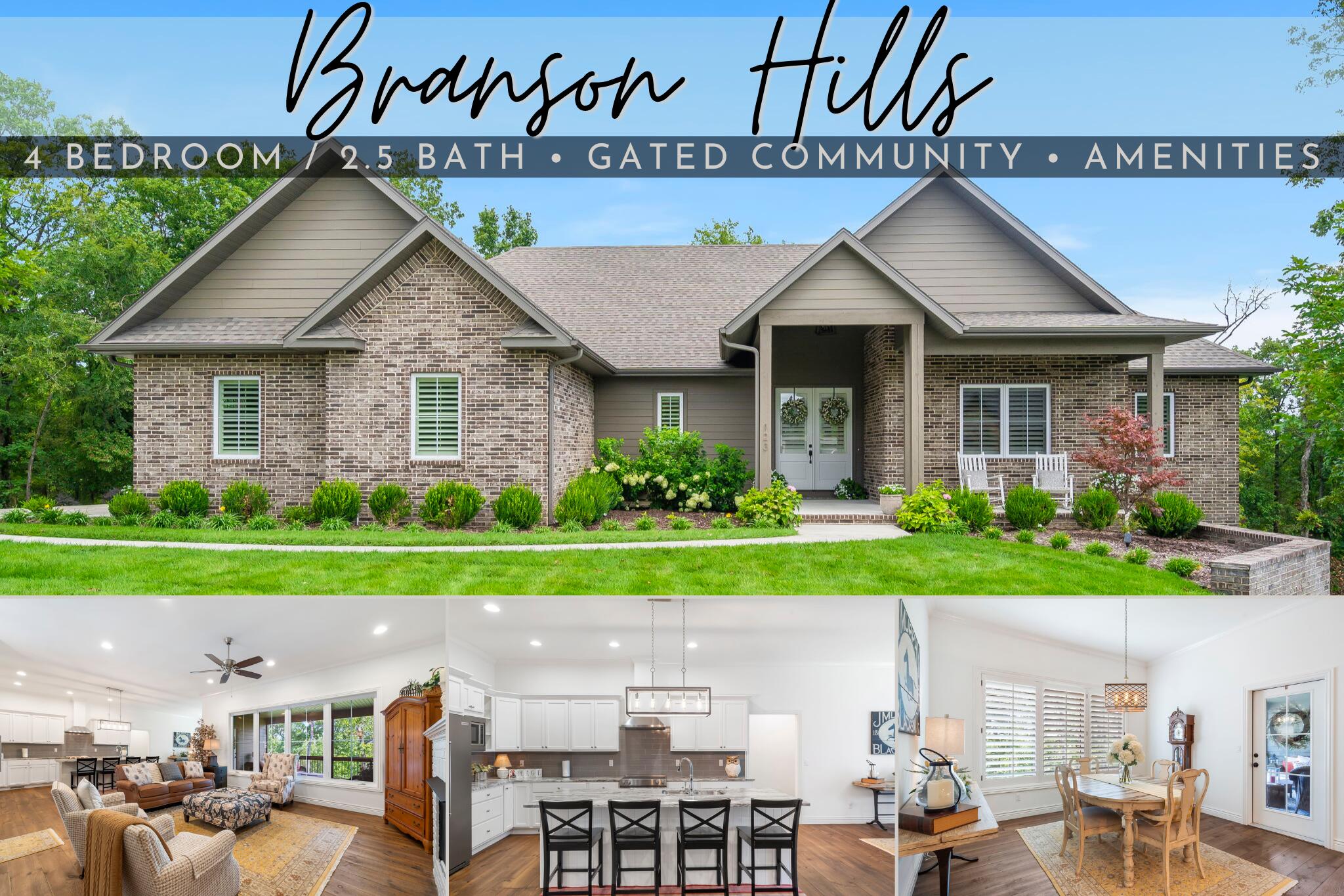 You'll enjoy meandering through the stunning craftsmanship of this custom built Branson Hills home. There's so much attention to detail throughout! This 4 bedroom / 2.5 bath home sits within a gated community in a premier location with easy access to Highway 65, shopping, restaurants and the Branson Rec Center. Features include an open layout, one-level (with crawl space), knotty pine floors, split floorplan, leather back granite countertops, custom cabinetry with soft close doors, walk-in closet, John Deere room and a covered patio perfect for entertaining guests or just enjoying the beauty of the outdoors.  Community amenities include, clubhouse, pool, tennis & pickle ball courts, restaurant and golf course ($)