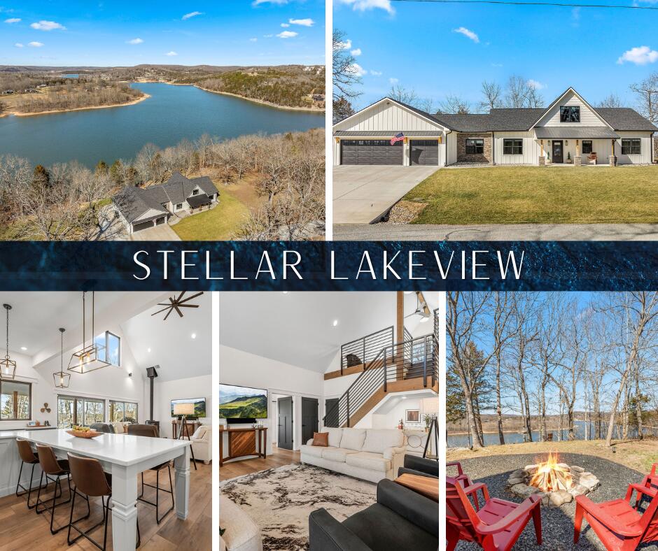 Gorgeous new home AND a stellar view - yes you can have both! Enjoy the huge view from nearly every room in the home with this well thought out, easy to maintain home with zero step entry. Situated on nearly an acre, this newly constructed home is the perfect blend of nature and modern comfort. The kitchen has top of the line Cafe appliances with gorgeous custom cabinetry and quartz counters. Next, the living room offers a vaulted ceiling and wood burning fireplace. A luxurious master bedroom suite features a modern bathroom with tiled shower and free standing tub. All on one floor you will also find the second bedroom, full bathroom, half bath and office area just off the garage. The non conforming third bedroom is a loft with a fabulous lake view out of the Andersen windows. The three car garage gives plenty of room for your cars and your golf cart because there is a third party boat slip available just a golf cart ride away (10x24 slip $50k extra).  Included in the home is an attached woodshop with its own climate control. This space is finished and could easily become another bedroom suite, second living room, studio or a game room. There are plenty of extras such as a security system, integrated F5 storm shelter,  lawn irrigation system, concrete RV pad with full water, electric and sewer hook up. In the back yard you will find a fantastic spot for entertaining under the covered concrete patio overlooking the lake and the crushed black granite landscaping with a firepit. You have the option to add an outdoor kitchen or shower since it is already plumbed with hot and cold water lines. Bow Hunter Lane is a county maintained road and there are other newer, nice but spread out homes surrounding. The location is just 15 mins away from Branson West which has all the conveniences you need without all the tourists. Life is short, buy the lake house. Schedule your showing today!