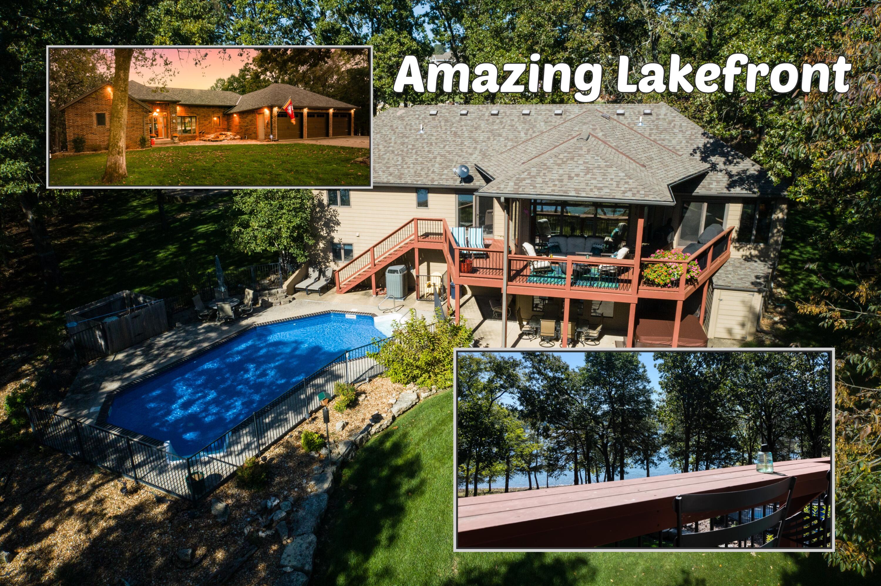 Lakefront gem located in beautiful Hidden Shores neighborhood at the tip of a peninsula surrounded by Table Rock Lake. This lakefront location features an amazing gentle slope to the water.  The home is perfectly placed on the lot to offer lots of privacy sitting under towering trees but maintaining a wonderful view of the lake.  A 10' x 28' boat slip located in a dock nearby is offered for an extra $70,000.  When you are not playing on the lake you will find yourself lounging around the saltwater in-ground pool. When entering this home, you'll feel the world slow down as you pass the calming water feature near the front door. The home has been extensively updated so it's ready for you to move in and start enjoying lake life. The living room features soaring ceilings leading out to a covered deck overlooking the lake and saltwater in-ground pool. The main level of the home includes the living room, formal dining, kitchen with breakfast area, laundry, master bedroom and bath along with guest bedroom and bath plus 3-car garage with workbench. The lower-level features family room, game area, multi-purpose exercise room, lots of storage, 2 bedrooms, bath, and covered patio. You don't want to pass up this lakefront gem!