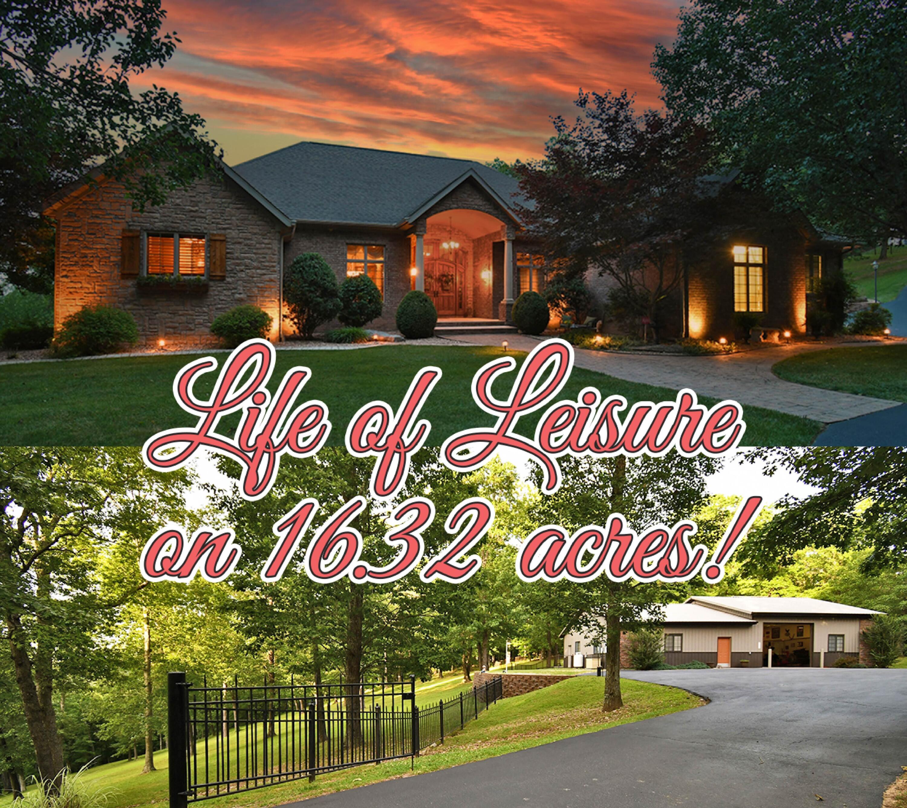 Peace & tranquility. While the rest of the world moves at a frantic pace, life literally stands still at this majestic home named ''Bonnie Oaks'' meaning ''Beautiful''. Welcoming you is a 1/4 mile of custom design wrought iron fencing with 3 entrances. Stroll through serene gardens, lounge on the multiple expanses of decks & covered patios or simply relax & observe Mother Nature at her finest. This beautiful estate home sits on 16.32 acres of rolling cleared terrain with mature trees & extensive landscaping. Features of this prestigious home are obvious with details that only the best quality can buy, including an Inclinator Elevator. Flooring is a variety of hand selected wood planking, steamed black walnut & hickory, and random sized Italian stone. Nearly every room has custom made plantation shutters. Bathrooms are crafted with travertine marble & inlaid with copper sinks. If you're a Culinarian at heart, you will fall in love with the high quality granite countertops, 4''x 4'' tumbled backsplash tiles with slate inserts, handcrafted alder wood cabinets, a steamed black walnut tiered island & commercial quality Viking Designer Series stainless steel kitchen appliances. Panoramic views out your kitchen & dining room windows showcase some amazing towering trees & park-like settings. Perched on the hill above the home rests a 40' x 60' (2400 sq. ft.) heated & cooled outbuilding. Details of this impressive building include a separate living quarter area, bath with shower, an office area with kitchen cabinets, 2 large walk-in closets, & has its own septic & propane tank. Great potential in-law quarters . There is also designated parking for an RV or 5th wheel complete with a 50 AMP hook up & dump station.  In addition to the outbuilding is a 26' x 30' all brick, 2 car detached garage. 1031 Eaglecrest is located on Point 15 of Table Rock Lake, near Cape Fair Marina, and a quick scenic view drive to restaurants and shopping. Welcome...& enjoy your new home