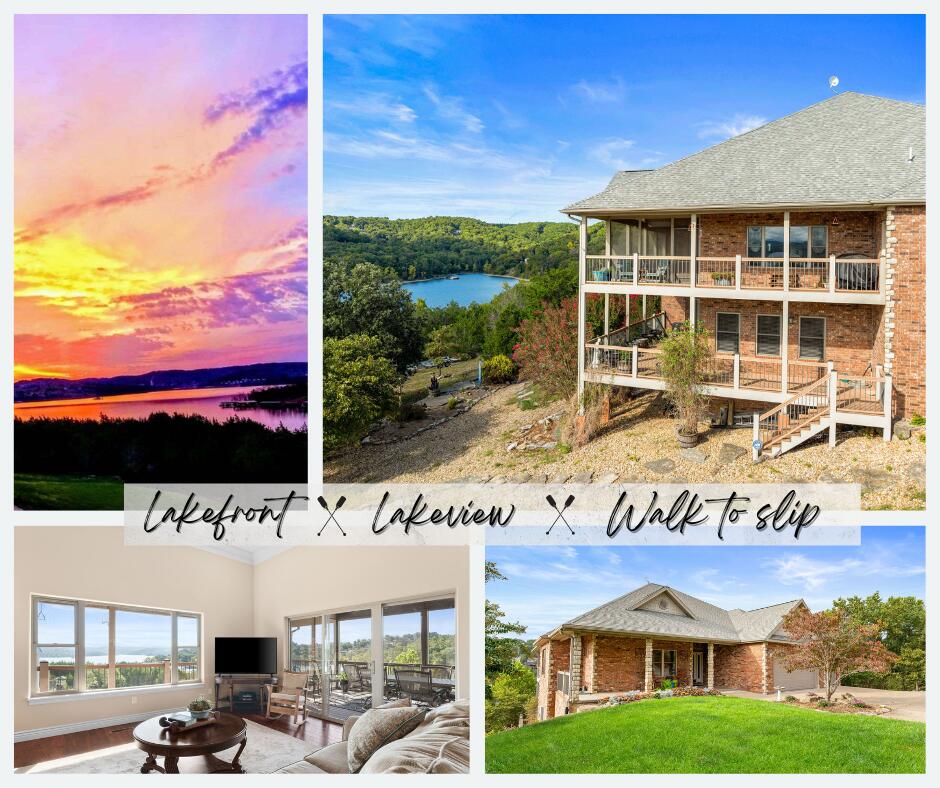 The perfect lake home does exist! We call this a unicorn because it is LAKEFRONT and LAKEVIEW and WALK TO SLIP! This lovingly custom built, one owner home is ready for your family to make memories that will last a lifetime. Located down the highly sought after UU Highway in Blue Eye, you are close to everything Branson  and Big Cedar have to offer yet are tucked back in a quiet cove. Your view (which can be seen from living room, dining area, kitchen, master bedroom, decks and even downstairs) faces East so you can enjoy the sunrise with morning coffee and not bake in the sun for supper in the evening. By night enjoy seeing the occasional fireworks from BIG CEDAR from the comfort of the fully screened in back deck (even beneath the composite decking is a screen so no bugs!) and by day watch the Branson Bell mosey by.  Walk down the very well manicured path to your 10x28 slip (extra $) and take the pontoon out (available for extra $) or just chill on the dock which features a porch swing and a step down lounge where you can just put your feet in. The interior is just as impressive with hand scraped thick hardwood floors, tall ceilings, spacious bedrooms, second living area and ample storage space. Both bedrooms on the main level have en suite bathrooms and there is also an office (or third bedroom) and large laundry room on the first floor. The layout, finishes and landscaping have all been well thought out and enhance the phenomenal proximity to the lake. Must see, it won't last!