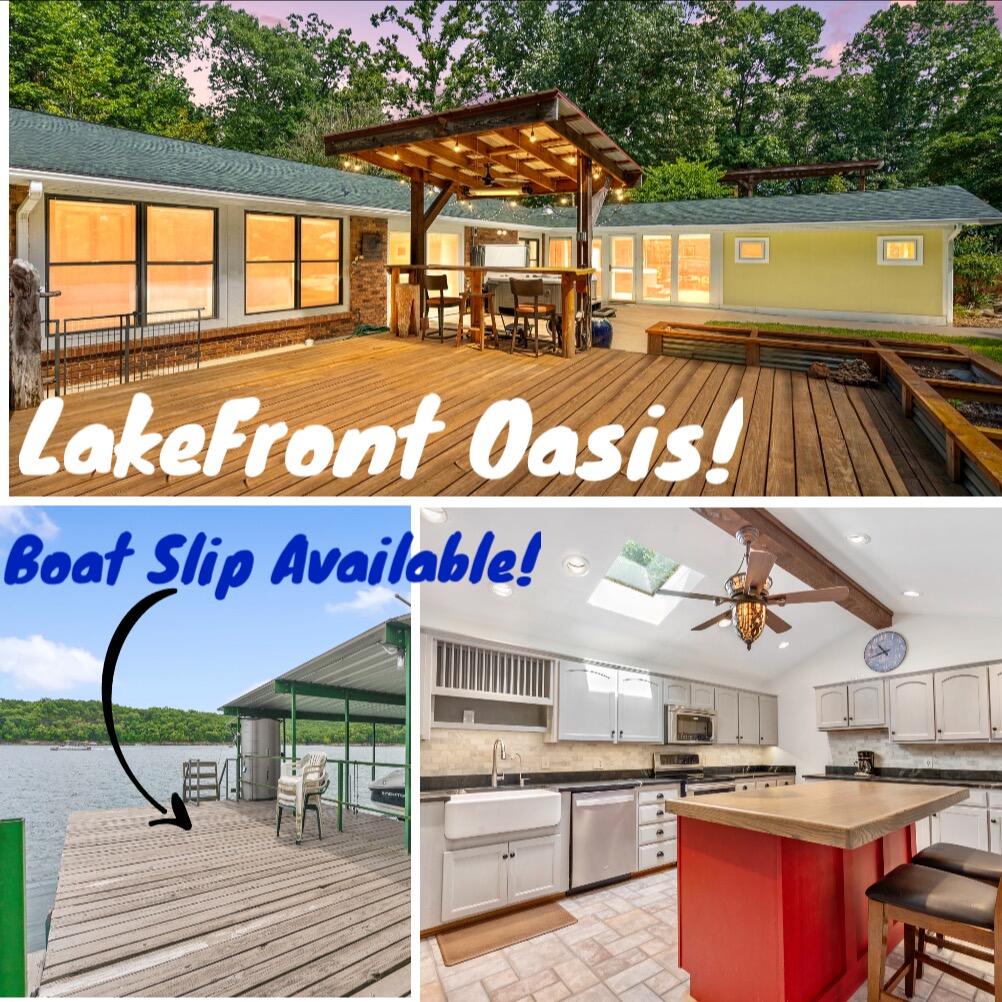 TABLE ROCK LAKEFRONT OASIS!!! 3 Bedroom/2 Full Bathrooms & A BOAT SLIP AVAILABLE (walking distance away)! You are sure to fall in love with this lakefront home. Built into a natural stone  ledge rock for superior insulation. Loving maintained with numerous upgrades including enclosed sunroom, tiled walk-in shower with glass doors, newer flooring, fresh paint, soapstone kitchen counters, tiled backsplash, newer modern bathroom vanities, & many more! The outdoor living space is everything with gorgeous decking, bar seating, patio, hot tub, hammock swings, & beautiful landscaping. You will feel like you're truly on vacation, whether this is your vacation home or full time living! With 2.7 Acres of LAKEFRONT, a detached 3 car garage, car port, circle driveway, RV/BOAT parking, you'll have plenty of space to store all your toys! Don't miss out on this one COME SEE IT TODAY! Baot Slip is an additional $50,000