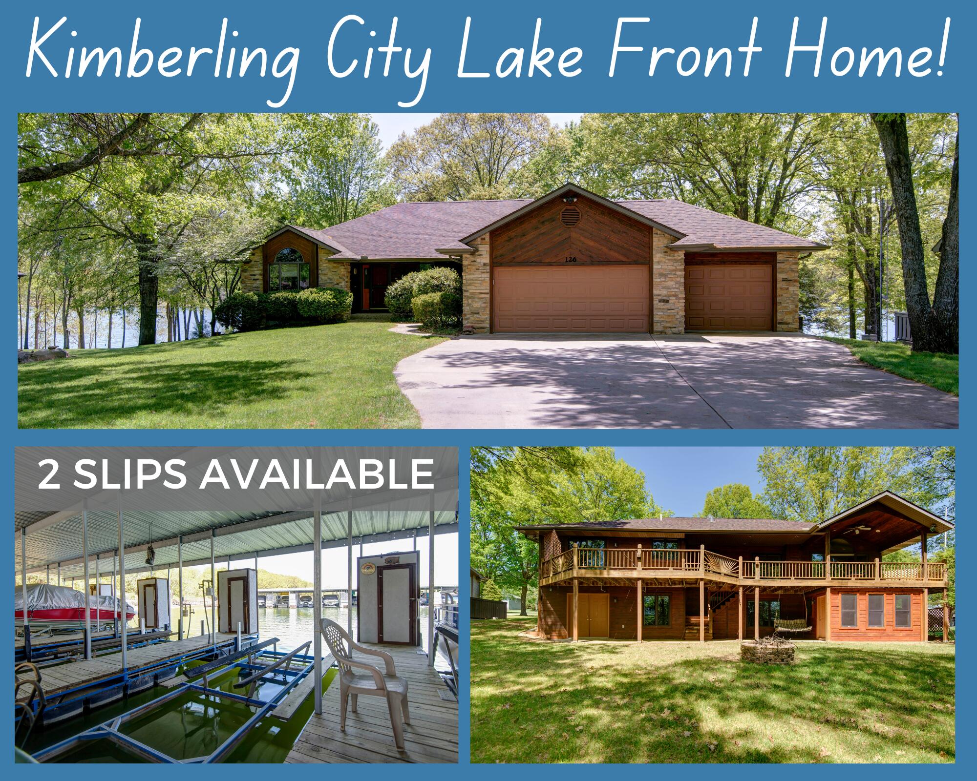 Dreaming of living lake front on Table Rock Lake? Check out this beautiful Stone and Cedar sided 3+ BR, 3 BA home with attached 3 car garage.  This home features 2 fireplaces, one on the main floor and one in the lower level family room.  With a little updating this home will be a lake front beauty! The owners have recently added the vinyl plank flooring on the lower level. There's an office/den with indirect lighting and a beautiful arched window.  The deck runs the full width of the home and is partially covered to enjoy the shade.  You'll love this nice subdivision which features community water and sewer and located approximately 4 miles off highway 13 in Kimberling City.  The owners are offering both their slips for sale in the community dock #2. The slips are 10x24 with lifts and lockers available for an additional $60,000 each. Enjoy spending time on the attached swim deck while you visit with the neighbors.  There is a ton of storage with a huge L shaped John Deer Work shop on the lower level plus an attached storage building on the side of the home. Special features include zoned Heat and Air, in ground sprinkler system, whole house vacuum system, large flat lot with gentle corp access and more.  Sellers are providing a 1 year home warranty!  This one is going to be hard to beat!!  Schedule your showing today!!