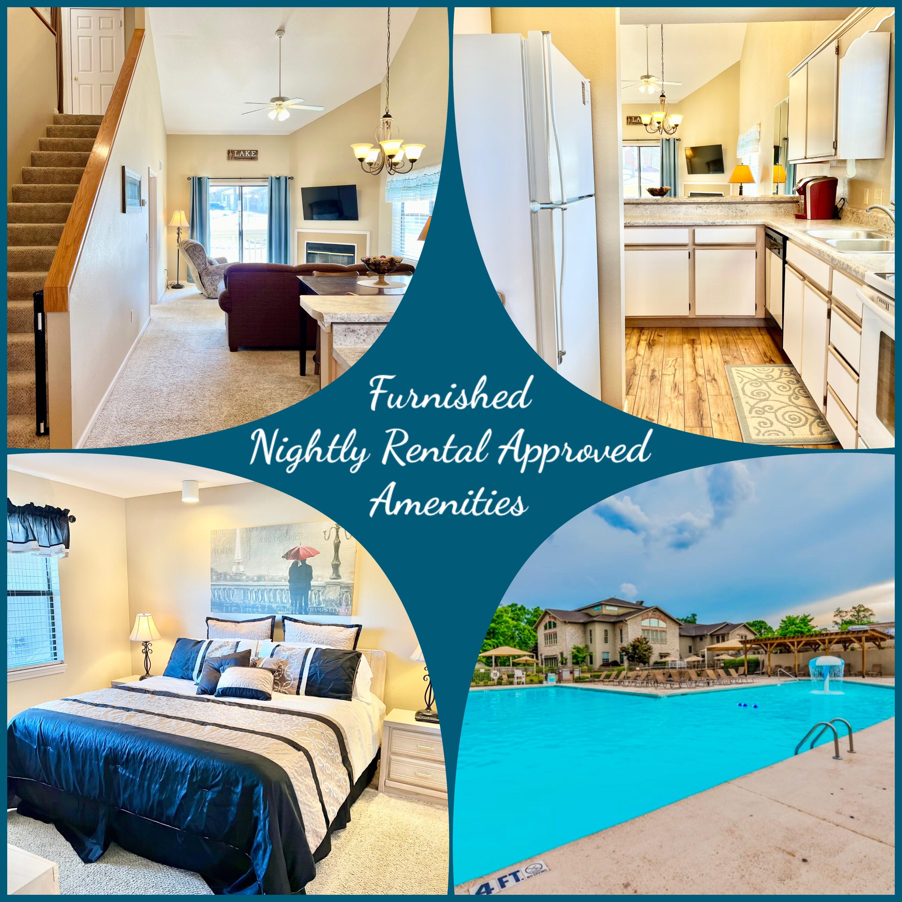Look no further!  This is the one! Use as a full time residence, vacation home or investment property.  NIGHTLY Rentals are allowed :) Located in the prestigious gated community of Pointe Royale, this beautiful 3 Bedroom / 3 Bathroom FURNISHED corner penthouse condo offers a spacious floorplan for the whole family! There are 2 Bedrooms & 2 Full Bathrooms downstairs and the 3rd Bedroom and 1 Full Bath is upstairs. Everything you see is included, the kitchen appliances and washer/dryer too! Bring your clothes and toothbrush and your set!  The Clubhouse is just a short walk away and includes Indoor / Outdoor Pools, Pickleball Courts, Exercise Room, Tennis Court, Basketball Court, Golf, Restaurant and Pro Shop.  There are also walking trails and access to Lake Taney Como to go fishing. 1 Year Home Warranty Included. What are you waiting for, call for a showing today!