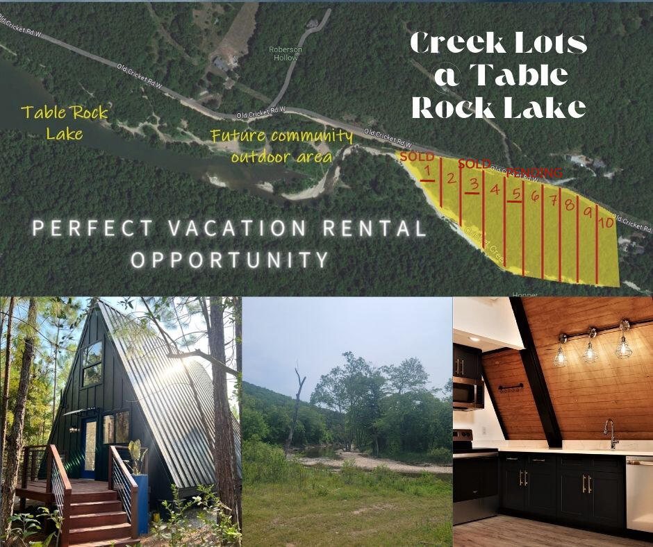 Located just 20 minutes outside of Branson within walking distance of Table Rock Lake, welcome to your private cabin in the woods! New construction A Frame cabins with customizable luxury finish options and upgrades for private amenities. 1+\- acre parcels fronting Cricket Creek with private hiking trails and access to the lake. Close to Cricket Creek Marina, Big Cedar Lodge and the Thunder Ridge Amphitheater. No HOA and no restrictions. Create your own private retreat, full time residence or short term rental investment with room to grow. Two floor plans to choose from or purchase the land and bring your own builder.