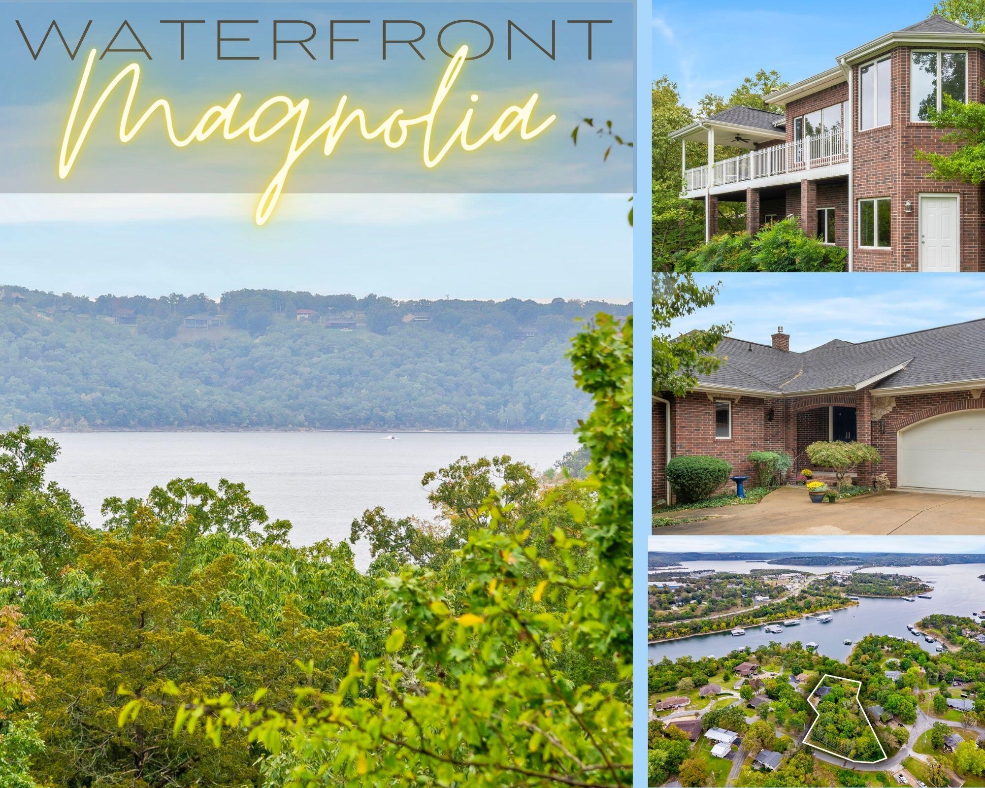 Six Magnolia Lane is an all-brick home, bursting with quality and shining with an unmatched attention-to-detail... PLUS plenty of opportunity to build your own shop or guest house! Privately perched on over a waterfront acre in lake-loving Kimberling Hills on #tablerocklake, this stunning property presents over 4, 000 sq.ft. of conditioned space constructed by one of the area's most sought-after custom home builders. Inside you will find: a gracious foyer that immediately provides jaw-dropping water & mountain views, exquisite gathering spaces adorned w/hardwood oak flooring & XL Anderson windows, a formal dining & breakfast nook, luxurious tiled, low-maintenance covered/open deck spaces, as well as a living room complete w/gas fireplace. And don't miss the crown jewel: an open kitchen finished w/ Corian & granite, brilliant glass tile accents, walk-in pantry, & a center island/bar perfect for hosting guests! Everything you need for living is on the main level: a large sunny laundry room, two powder rooms, and blue-water views that lead you to the owner's suite complete with jetted tub, massive walk-in closet, dual vanities and shower. Walking down the grand staircase escorts you to the spacious lower-level w/two XL guest beds, two full baths, & 1,000+ sq. ft of space to finish to your heart's desire. Stepping outside, undoubtedly another highlight, reveals a wet weather stream sure to delight & intrigue you after every rainstorm, a professionally manicured private backyard, a cold storage/workshop area complete with heat & air, & spacious land to build a shop. Bonus: 12x24 & 10x24 boat slips avail. add$ Revel in the quality, luxury and potential that this property offers. Once inside, you'll discover your new forever home on Magnolia Lane!