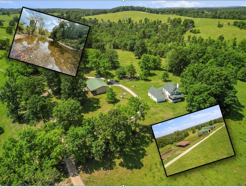 Discover a one of a kind 830-acre working cattle ranch. Featuring rich pastures and hayfields, year-round water sources, including large springs and spring-fed creeks, this property offers outstanding infrastructure for a self-sufficient farm or ranch lifestyle. With pristine pastures, barns, a shop, auto-waterers, ponds, and covered working corrals, this estate is ideal for agricultural enthusiasts. Additionally, the abundant wildlife makes this property perfect for those who appreciate nature. Here's a closer look at what this remarkable estate has to offer:Pastures and Fields:Nearly 60% of the property is lush pasture and hay fields, ideal for rotational grazing and supporting over 160 cow/calf pairs.Abundant year-round live water from multiple springs and spring creeks, including a historic rock Springhouse with large spring and watercress.Two spring-fed creeks and several ponds.Seven auto waterers providing fresh water.Eight Fenced Pastures.Fenced and cross-fenced with barbwire and electric fencing, including extensive new fencing and gates.Fertilized pastures for optimal productivity.Four hayfields produced approximately 450 large round bales last year.Two lower hayfields recently fertilized and seeded with fescue, orchard grass, and clover has the potential to increase yields.Barns and Facilities:A 40'x60' hay barn and equipment storage with a 14' opening.A 30'x60' barn/storage building with a 14' opening.A 30'x50' shop with a 14' lean-to, featuring electric, insulation, and a concrete floor.Functional livestock handling system with a squeeze chute and covered working corrals.Chicken coop and established garden area.Hunting Enthusiast's Dream:Excellent deer hunting with trophy deer on the property.Abundant turkey and diverse wildlife.Private and picturesque setting with rolling Ozark Mountain scenery.