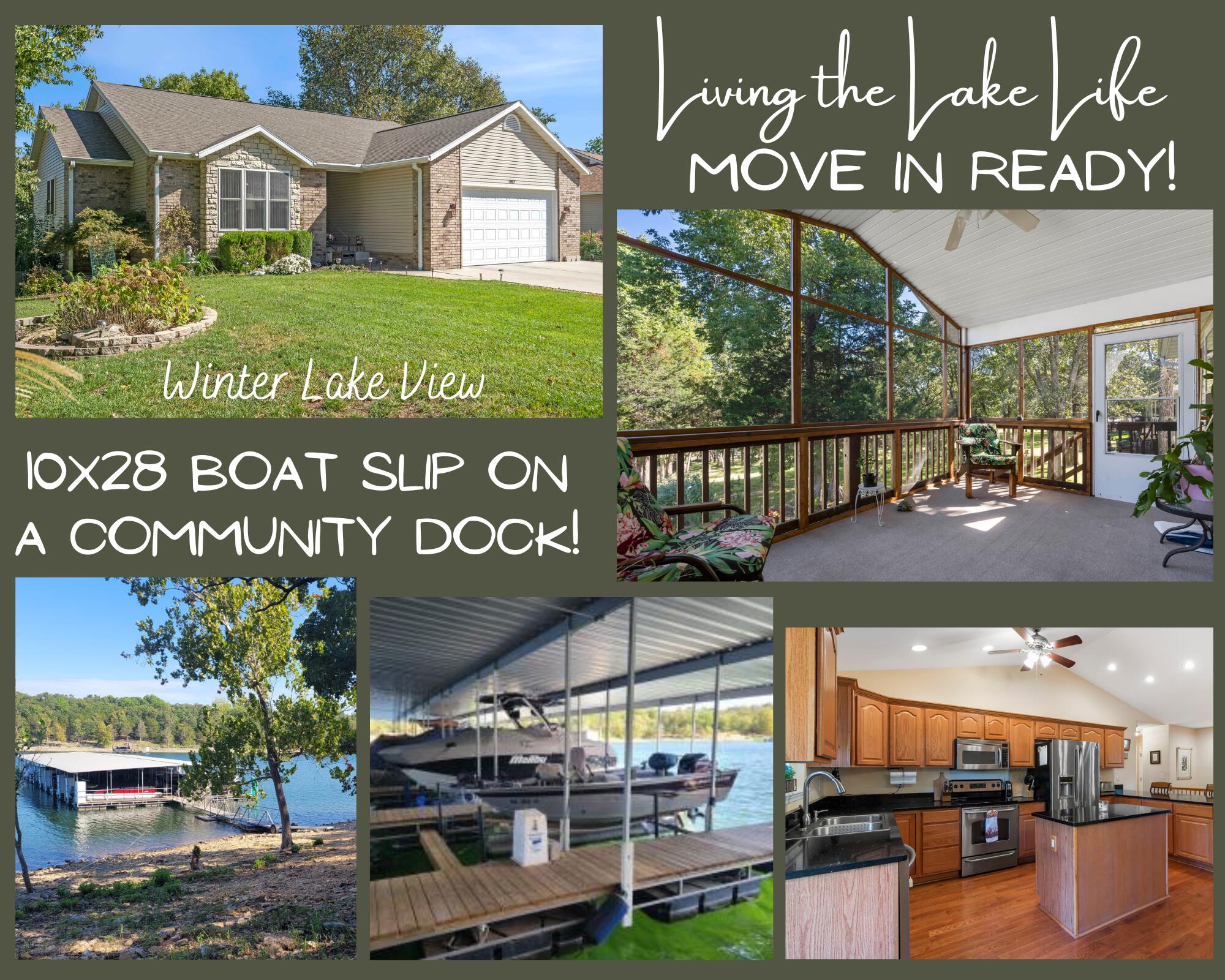 Come home to Lake Life Living in this meticulously cared for open floor plan/split bedroom home in the very desirable lakefront Wildflower subdivision! The neatly landscaped yard has underground sprinklers for easy care and maintenance. Entering the home  brings you into the open family room and kitchen area. The kitchen has beautiful  Quartz countertops with an island, over/under cabinet lighting, cabinet pullouts and all SS appliances stay. Off the kitchen is a beautiful upper deck screened in porch for enjoying morning coffees and evening unwinding with a winter view of Table Rock Lake! The master bedroom has an en suite bath, walk-in closet and access out to the screened in deck and stairs down to the covered patio. The main level also boasts two more bedrooms, a full bath and convenient laundry next to the Master. The basement has a super large room with a gas fireplace, it  walks out to a covered patio, what a great area for entertaining! There is also a bedroom, full bath and a bonus room where the uses can be endless! BRAND NEW ROOF just put on November 1st! The John Deere room is an excellent storage area for lake toys, lawn care items or a small shop area. NUVO water purifying system and a UV full-house air purifier installed to keep the home clean and safe!  Top it all off with a 10x28 boat slip w/ lift in a community dock a quick golf cart ride away for additional $60K and a 2006 Tracker boat in the slip is also for sale for extra $$. Don't Delay...Come Look Today!