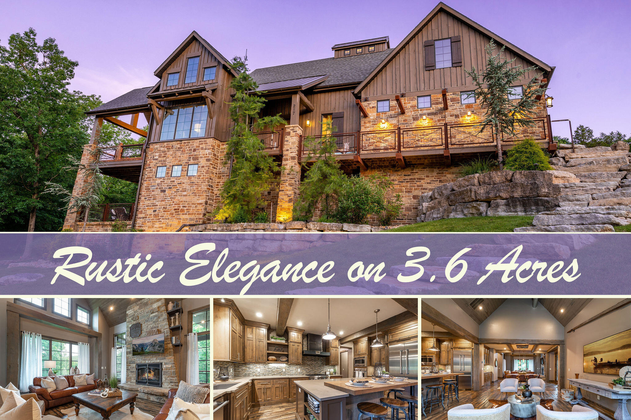 At no fault of home or seller this beautiful home is back on the market. Inspections have been conducted and this home is ready for its next owner! Saddlebrooke at its finest!  This luxurious modern-rustic design sits in the heart of one of the most elite communities in all of Southwest Missouri.  This 3.6 Acre Ozark Mountain Masterpiece was built with attention to all detail.  Iron, steel, stone and wood all come together to create a breathtaking work of art that is sure to please the cabin lover and modern appeal of all that enter. Large beam work, natural flagstone, industrial touches, rough cut hardwood flooring, butcherblock style stairs, elaborate landscaping and amazing views make this the benchmark for what you expect when you think of Saddlebrooke!  This 4 bed 4 bath home is designed with privacy in mind.  The main level is set with an open floorplan design which includes a spacious kitchen, hearth room, living room, 1/2 bath and a beautiful master with well acquainted full bath that include a walk-in shower and large soaker tub.  The upper level has an oversized ensuite bedroom and office space, while the lower level contains 2 additional bedrooms, a billiard area, 2nd living area and state of the art theater room for all of your entertaining needs.  Enjoy watching the wildlife drink from your wet-weather creek from your covered deck and you will feel like you're in the middle of Colorado!  The 3 car garage is perfect for the car lover with lots of room, great ceiling height and epoxy flooring.  Within Saddlebrooke, you'll fall in love with over 2500 acres of winding creeks, deep valleys, mountain vistas, and the clear waters of Bull Creek seen throughout the community.  The Association offers a community building, meeting rooms, swimming pool, tennis and pickle ball courts, pavilions and several parks that access Bull Creek.  This is the perfect package and is the Mountain Modern Home that is the envy of all of Saddlebrooke