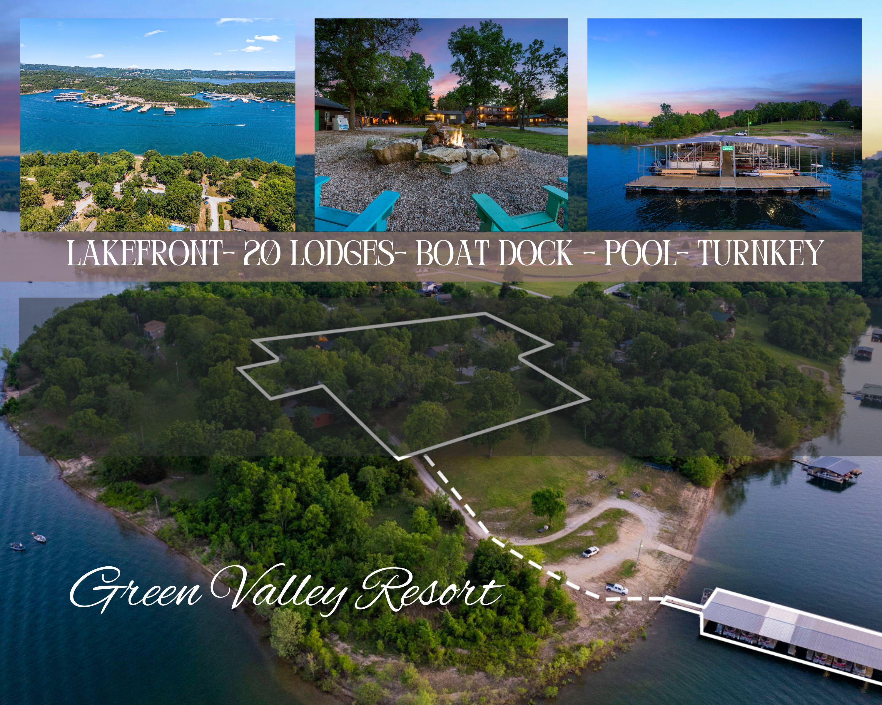 Welcome to an incredible investment opportunity of a lifetime! Own this profitable and thriving Greenvalley Resort nestled along the serene shores of Table Rock Lake in Branson West, Missouri. Spanning over 5 acres of breathtaking lake views, this turnkey resort offers an unforgettable getaway for groups of all sizes, accommodating up to 94 guests comfortably. Resort comes turnkey with 2-9-bedroom lodges. Each lodge is fully furnished. You'll love the large boat dock with boats, swim deck, large solar heated pool, & an array of recreational facilities, including a playground with jungle gym, sandbox, treehouse, and sports courts for volleyball, badminton, horseshoes, shuffleboard, and basketball. Explore the vibrant attractions of Branson, from thrilling zip lines and cave tours to rides and shows at Silver Dollar City. Enjoy over 10 world-class golf courses nearby, as well as PBR rodeo events, and concerts. Indulge in wine tastings at local wineries, sample craft brews at nearby breweries, and experience adrenaline-pumping mountain biking at Howler and 2 Rivers Bike Park. Fishing enthusiasts can cast their lines in Lake Taneycomo, while hiking enthusiasts can explore scenic trails leading to breathtaking waterfalls and caves.Don't miss the dozens of top-notch shows and entertainment options along the famous Highway 76 in Branson, ensuring there's something for everyone to enjoy during their stay.Seize this opportunity of a lifetime and make your mark in one of the most beautiful destinations in the Ozarks.