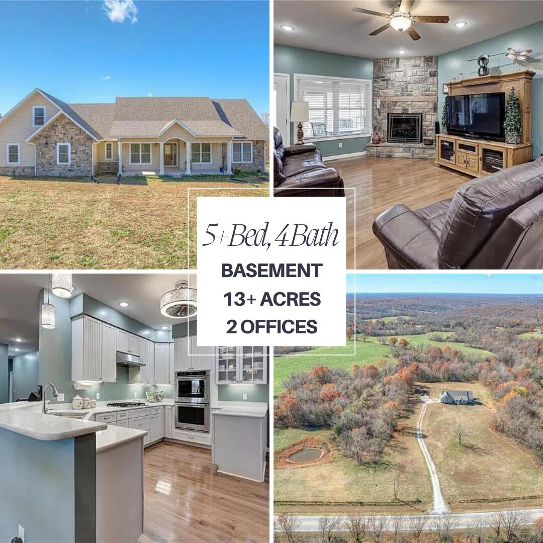 Are you looking for a newer construction, Beautiful home with 5+ bedrooms/4 full bathrooms,13+ Acres and a walk-out basement? This home has so much to offer and more! Tons of storage, two offices/studies, both with french doors. A second story bedroom that could be used as a theatre room, craft room, or bonus room. There are two water heaters w/a water treatment system/a buried 500 gallon propane tank, zoned heating and cooling. There is a safe room with a steel door in basement. Gorgeous Oak flooring in the the main living areas. Ceiling fans with remotes in most rooms, large pantry/double ovens/stainless steel appliances-gas stove, Bonus Room in basement, an All seasons room that is heated and cooled, and a Screened in back porch. Basement has potential to have at least two more NON Conforming bedrooms. Basement has a workshop and has a sink in it as well that could also be turned into a second kitchen. The basement family room is 20' X 50' with french doors that go out to yard. All exterior doors are 36' wide. There is fiber optic internet available! The home sits in the middle of the property and is surrounded by a tree line, making for the perfect, private spot!  This is a must see home!  Call to schedule your private showing today!