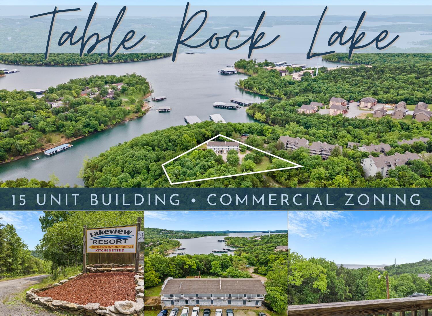 Calling all investors- this is it! PRIME LOCATON on Indian Point. 15-unit apartment building. 14- efficiency and 1 two-bedroom units, sits on 3.1 acres with room to expand. 100% occupancy. Sewage treatment plant onsite.  Zoned Commercial (C1) for vacation rentals and could be converted to Air BnB or keep it as long-term rentals. 500' of lakefront with lake views. Close to all the action on Indian Point - this peninsula is an extremely popular destination for visitors staying in the Branson area. There's a little bit of everything on Indian Point - marinas, campground, restaurants, bars, access to Table Rock Lake & Silver Dollar City.