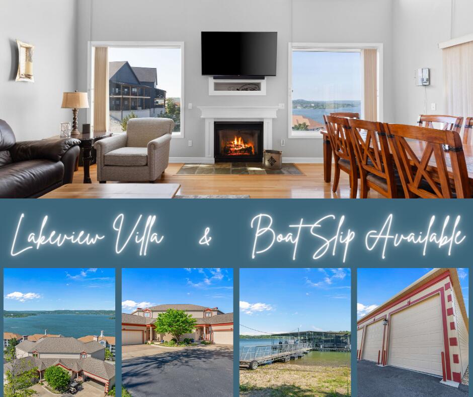 Your full time residence or vacation home is ready and waiting just for you! This stunning 4 bed 3 & 1/2 bath villa features incredible Table Rock Lake views, a walk in entry with 3 levels of living space and a spacious 2 car garage! This beauty comes FURNISHED and included in the price is a 14x35 garage (valued at $50K). Big enough to store your boat and lake toys! There is a 10x28 boat slip with lift conveniently located just around the corner for an extra $60k.