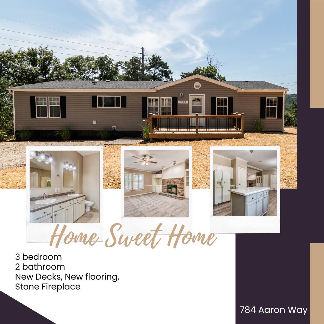 Home Sweet Home in Branson, MO!   Welcome to this stunning 3 bedroom & 2 bathroom home that features a spacious and modern kitchen, designed with both style and functionality in mind. THIS IS LIKE A BRAND NEW HOME,  NEW ROOF, NEW HVAC, ALL NEW PLUMBING, NEW UTILITIES, NEW COUNTERTOPS, NEW DISHWASHER, NEW FLOORING, NEW DECKS, NEW PAINTING, NEW FIXTURES & FANS, --- Wow  --  The living room with the stone fireplace, sets the home with a warm and welcoming feel all year long.   The large main bedroom is separate from the other two bedrooms giving privacy while the main bathroom has a walk-in shower and a jetted tub to relax the day away.     All new utility lines -including new water lines to the main and new sewer lines.  New Decks -front and back to enjoy the outdoors and give that home sweet home welcoming from the street view.   Sitting on almost  a 1/2 acre, this home is perfect for bringing your pets and a huge front yard perfect for a firepit while enjoying the tall trees and rolling hills.  Don't forget privacy, this home is on a corner of a cul-de-sac with plenty of parking. All affixation to the land has been completed and FHA approved hurricane strap tie downs bolted into concrete runners in the crawlspace.   Whether this is your next home, 2nd home or rental home, 784 Aaron Way has what you've been looking for -- space, floorplan, location, functionality, privacy and yet city close.  Did I mention the incredible location? --Walk to restaurants, attractions, shopping and more!  Conveniently located just 1/2 mile from the Strip on Hwy 76, so you are close to everything Branson to enjoy!