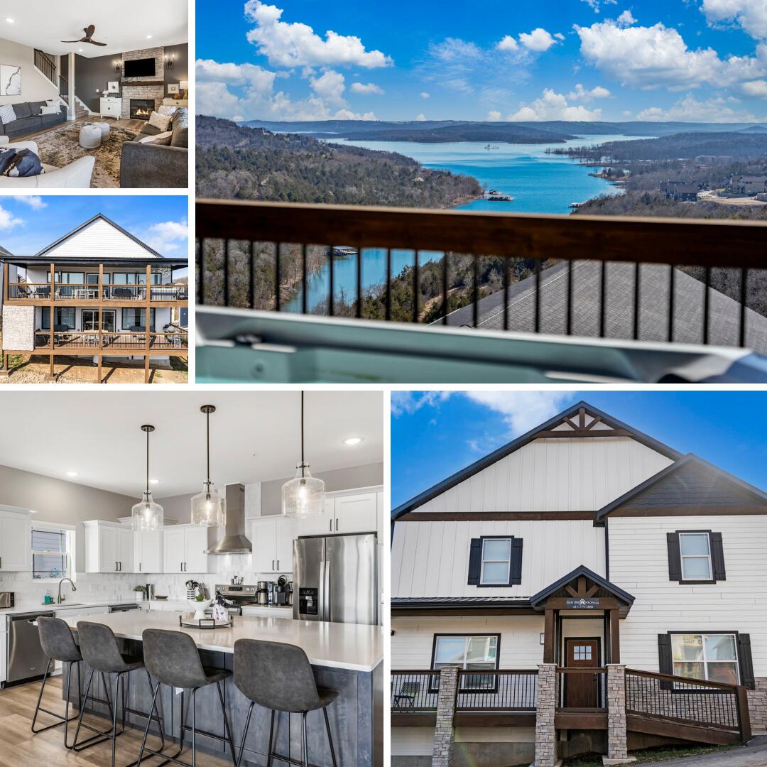 This beautifully and fully furnished, turn-key short term rental property (or private residence) boasts spectacular sweeping views of Table Rock and THE BEST location on the lake!  This newly finished one-owner home comes complete with a solid rental history and active transferable bookings through RentBranson.  Silver Dollar City, the Branson Strip, Indian Point Marina, The Chateau Hotel and Convention Center, Johnny Morris' Top of The Rock golf course, dozens of restaurants and wedding venues are all literally minutes away!  Your large party of guests can all stay together, stretch out, relax and enjoy two kitchens, two living and game room areas, two decks overlooking the lake, outdoor fireplaces, grills and your own private hot tub!  Neighborhood amenities include a pool, clubhouse, exercise room, playground and fire pit areas. The property has 8 bedrooms.  Six conforming bedrooms complete with en-suite baths,  plus two dedicated bunk rooms, in addition to trundle beds, totaling accommodations for 24 under one roof!  Own your piece of the Branson/Table Rock Lake market TODAY!!