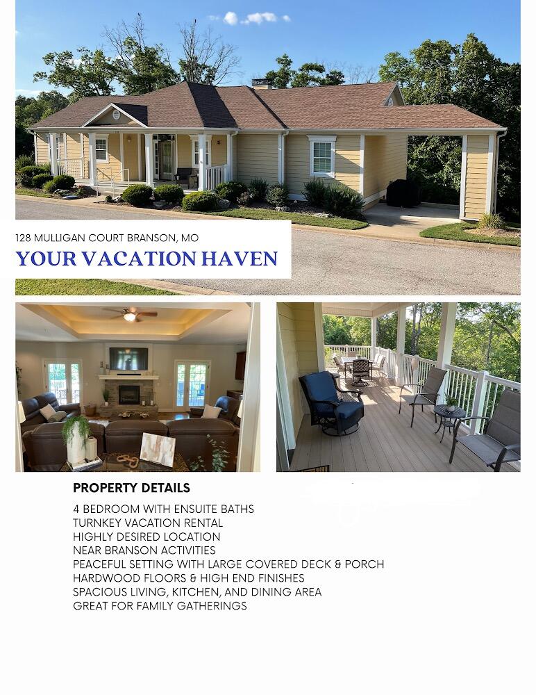 VACATION HAVEN - 4 BDRM VILLA investment opportunity in Branson with easy access to all Branson has to offer, yet on the edge of town in a peaceful setting with a covered rear deck. Stand alone 4bed/4bath nicely finished VILLA for residential, vacation, or nightly rental use under $600k.  Mulligan Court at Branson Hills is a highly desired street of Golf Villas for residential living or a nightly rental investment property.  People love the large open gathering area in the middle of 4 bedrooms with en-suite bathrooms. These have increased in popularity for guests with access to all the Branson area activities without being in the middle of the strip. Check out the large covered deck looking into the woods and wet weather creek.  128 Mulligan Ct is being sold fully furnished and set up for vacation rentals. This Turn-Key property should check most of your boxes for an investment OPPORTUNITY! Buyers and Agents do own due diligence on property and association information. Thanks for looking and God Bless!