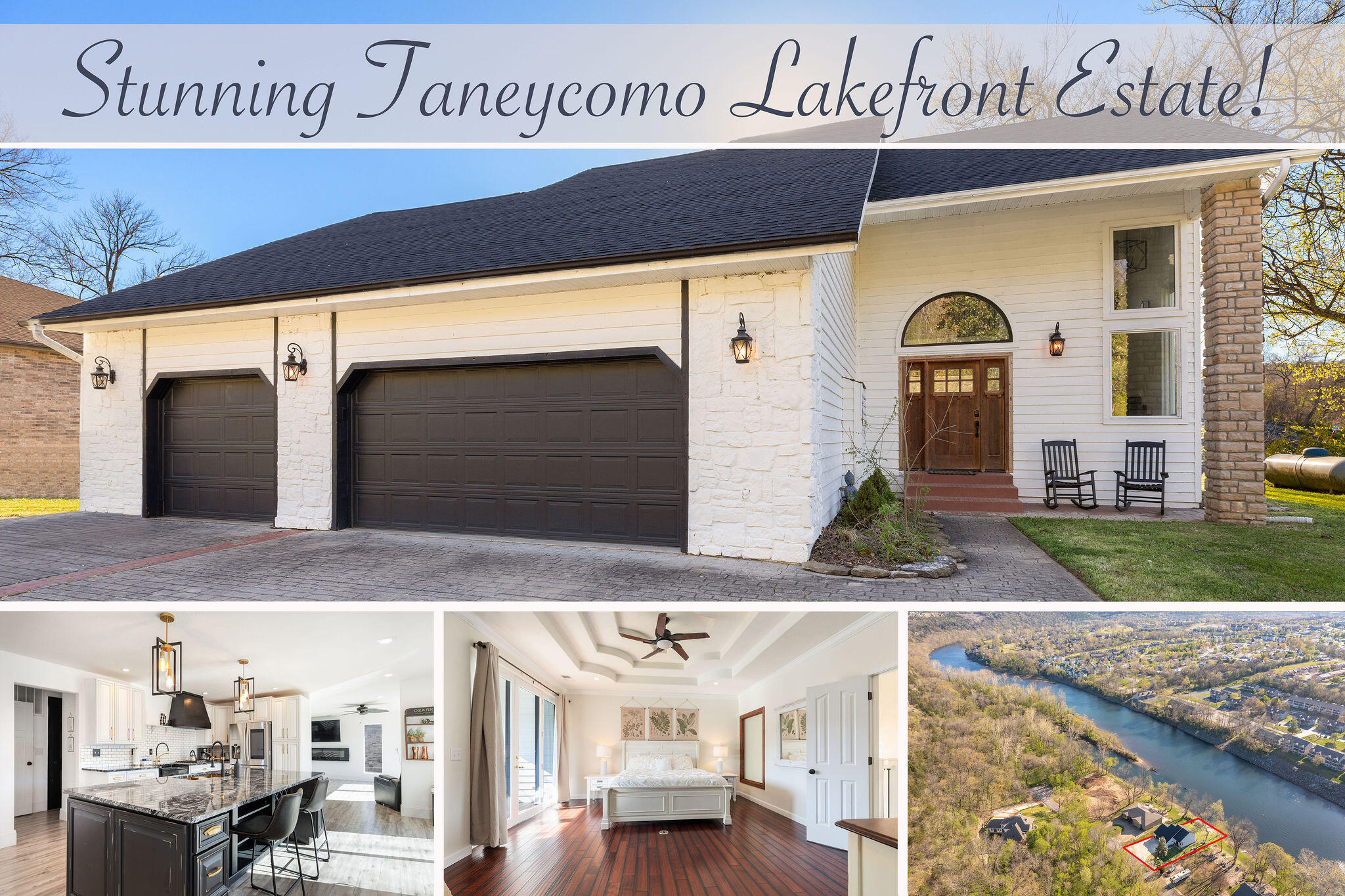 Stunning Taneycomo Lakefront Estate! Steps to the Water! Flat as a Pancake Lot!  As soon as you walk into this gorgeous 5 bedroom, 3 1/2 bath home, you will notice the attention to detail and updates throughout! Features include an updated floorplan with wall of windows showcasing the pristine lake views, cozy living room with fireplace, family room with fireplace & master suite with fireplace, 3 living areas, deck perfect for entertaining and more! There's even a  Boat launch nearby! Conveniently Located Minutes from Hwy 65 and Branson Landing! This is a must see!
