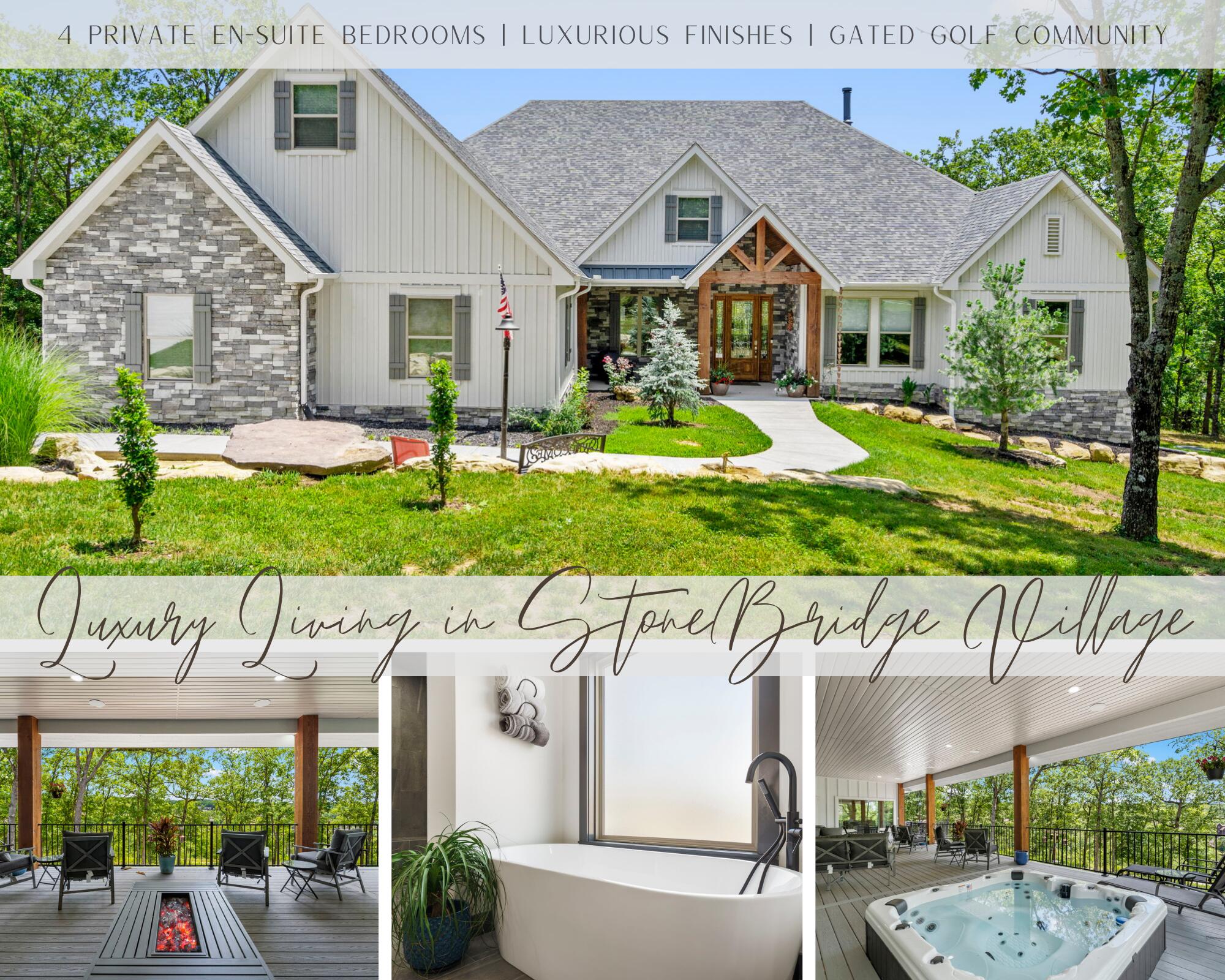 The stunner you have been searching for is here !Experience one-level luxury living at its finest with this American craftsman style builder's home. Located inside the prestigious StoneBridge, this one of a kind home will take your breath away! Upon entry, you are welcomed by opulent natural lighting, into the show-stopping kitchen, dining, and living area that also accesses over 1,000sf of covered outdoor living space. Truly the kitchen dreams are made of, carefully curated with an oversized pantry, a multitude of soft close cabinetry and storage space galore, custom trim, a gas cook top with a pot filler, and a large farmhouse sink. Entertaining will be a breeze on these silver cloud granite countertops. The open concept living area, directly off of the kitchen/entryway, boasts a wood burning fireplace, wet bar with instant hot water, and a wine fridge. Perfect for enjoying your wood burning fireplace on a crisp spring morning. From the living area, flowing seamlessly into two additional private en-suite bedrooms with walk in closets, and deck access on one, there's room for everyone. The master suite grants you direct access to the sun dappled outdoor living area ,and hot tub, with a picture perfect view of one of StoneBridge's community lakes. The private, master suite's spa inspired bathroom encompasses opulent lighting, backlit mirrors, a divine soaker tub, private water closet, two separate vanities, and a built in makeup station. Inside the luxurious custom tile shower, you can indulge in star-gazing through the skylight above, while basking in the warm comfort of the rain shower head's gentle trickle. Your master suite flows seamlessly into the spacious walk in closet, complete with its own island and plenty of space for organizing and storage. Directly off of the walk in closet, you will find the conveniently located laundry room.The spaciously sized three bay garage is sure to have room for all, as well as full hook ups for an RV (up to 12'x1