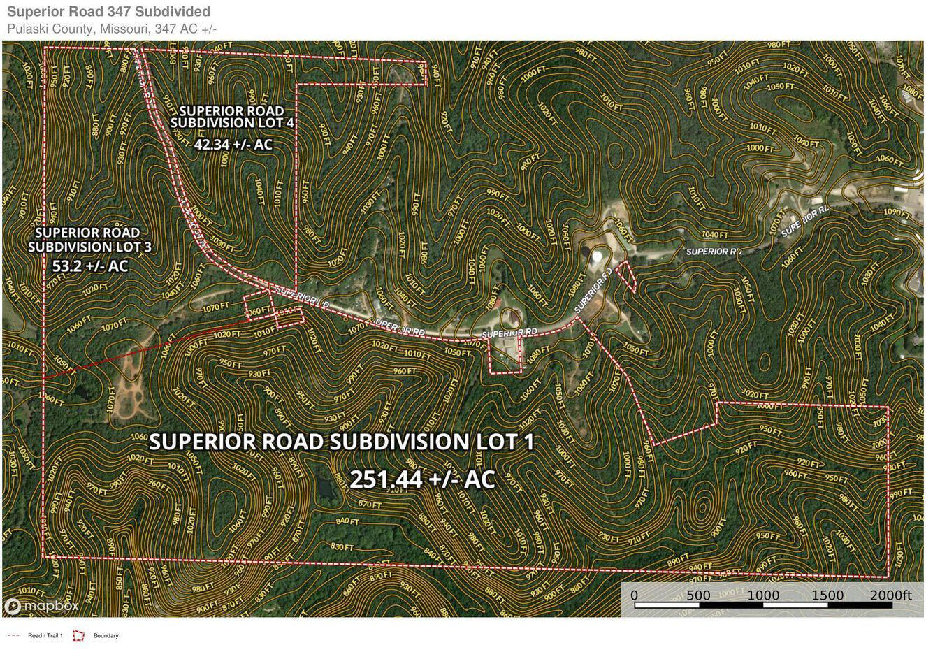 Pulaski County, Mo Wooded Vacant Hunting Recreational Land for Sale bordering Fort Leonard Wood Military Base. Lot #1 of the Superior Road Subdivision, A Developer's dream...this property could be your retirement in Saint Robert, MO. It hosts a large amount of Upper Gasconade Premium road rock and the ability to install underground storage facilities - both which would be of GREAT benefit to Fort Leonard Wood Military Base neighboring to the south, with beautiful views and enough room for a variety of lodging and condo developments. And for the hunters, 251.44+/- acres of seclusion with the rolling hills and valley bottoms that provide awesome deer and turkey hunts. Additional acreage is available, and On top of all that, the price is right !!