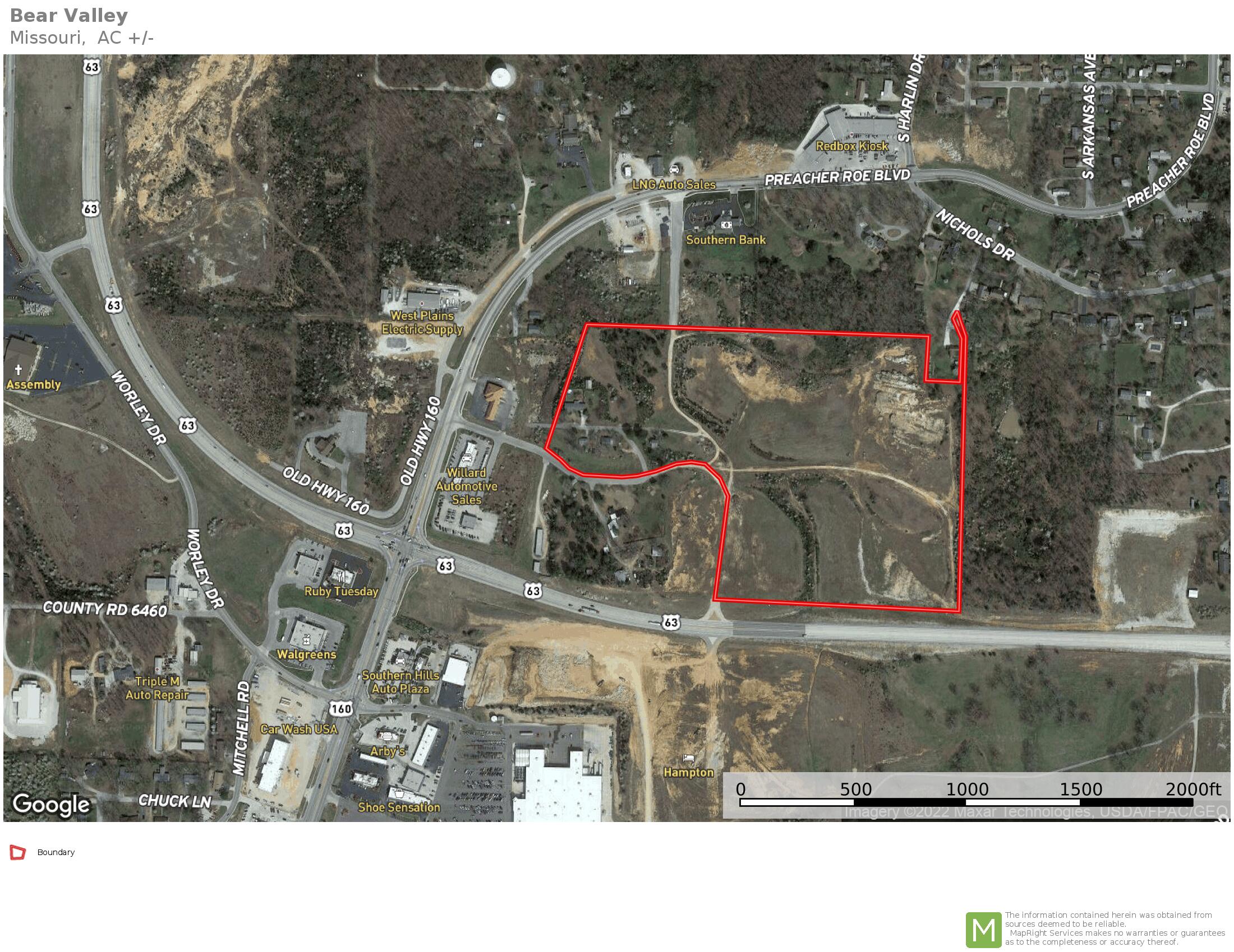 Nestled in the breathtaking Missouri Ozarks, this 40-acre prime commercial land presents an exceptional investment opportunity. Strategically situated at the junction of Highway 63 and Highway 160, this property boasts unrivaled visibility and accessibility, making it a cornerstone for business development in the region.Key Features:Strategic Location: The property's strategic location at the crossroads of Highway 63 and Highway 160 places it at the heart of West Plains' economic activity. With traffic counts of over 20,000 cars a day, your business will benefit from high visibility and a steady flow of potential customers.Proximity to Ozark Healthcare: West Plains is also home to Ozark Healthcare, a leading healthcare institution with a recent $70 million-dollar expansion and a focus on specialty medicine. The close proximity to this prestigious healthcare facility opens up possibilities for healthcare-related businesses and services, enhancing the property's appeal.Proximity to Retail Giants: This commercial gem is conveniently located in close proximity to major retail giants, including Wal-Mart, Big Lots, Ruby Tuesdays, and McDonald's. Capitalize on the steady flow of potential customers generated by these well-established businesses.Thriving Community: West Plains is the largest community within a 100-mile radius, making it a hub of economic activity in the region. Join the growth of South Central Missouri and establish your business in a thriving community.Flexible Options: In addition to the entire 40-acre parcel, the property offers flexibility with 1-acre tracts available for sale, starting at just $85,000. Whether you are a small business owner or looking for a larger development opportunity, there is a suitable option for you.
