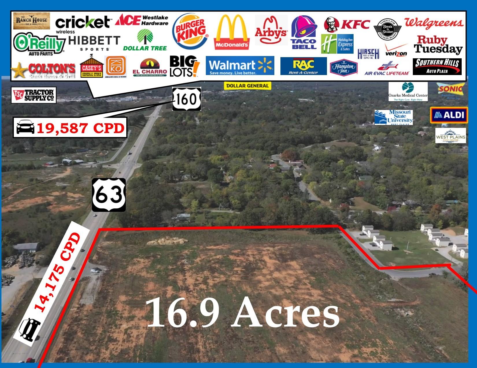Prime Commercial Opportunity with Exceptional Visibility!16.9 Acres of Potential ExcellenceDiscover an unparalleled commercial investment opportunity on this expansive 16.9-acre property boasting a staggering 950 feet of prime Highway 63 frontage. Strategically located just off a major subdivision, this land is already developed with a meticulously designed drainage pond and essential city utilities, setting the stage for a seamless development process.Location, Location, Location!Situated at the crossroads of convenience and potential, this property's location is nothing short of exceptional. Whether you envision a thriving retail hub, a trendy hotspot, or a vibrant commercial development, this versatile land offers the ideal canvas. Access is a breeze, whether arriving from the highway or via the adjacent city street, ensuring maximum accessibility for both customers and businesses.Unrivaled VisibilityThe land itself lays beautifully, ensuring that your future enterprise will enjoy the spotlight it deserves. With over 20,000 daily traffic count passing by, your business will benefit from constant exposure to a diverse and growing audience. Your brand will flourish in this highly visible location, capturing the attention of residents and travelers alike.Thriving CommunityNestled in the heart of West Plains, a town with a population of over 12,000, this property is at the epicenter of a vibrant community. West Plains offers a plethora of amenities, making it an attractive destination for residents and visitors alike. Notably, Ozarks Medical Center, a top-rated hospital with a recent $70 million expansion, ensures exceptional healthcare access. Missouri State University of West Plains adds an educational and athletic dimension to the community, enhancing its appeal.